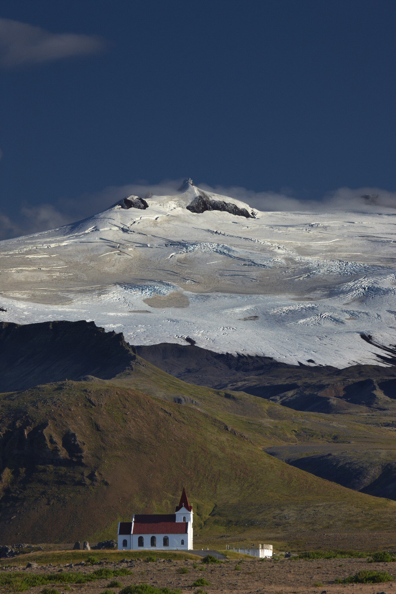 Church at Ingjaldsholl with Snaefellsjokull in background.