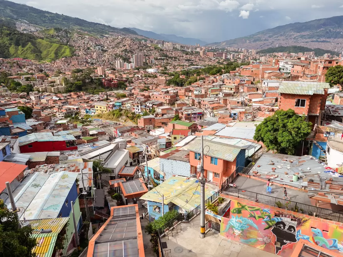Urban cityscape of the colorful Comuna 13, Medellin, Colombia.