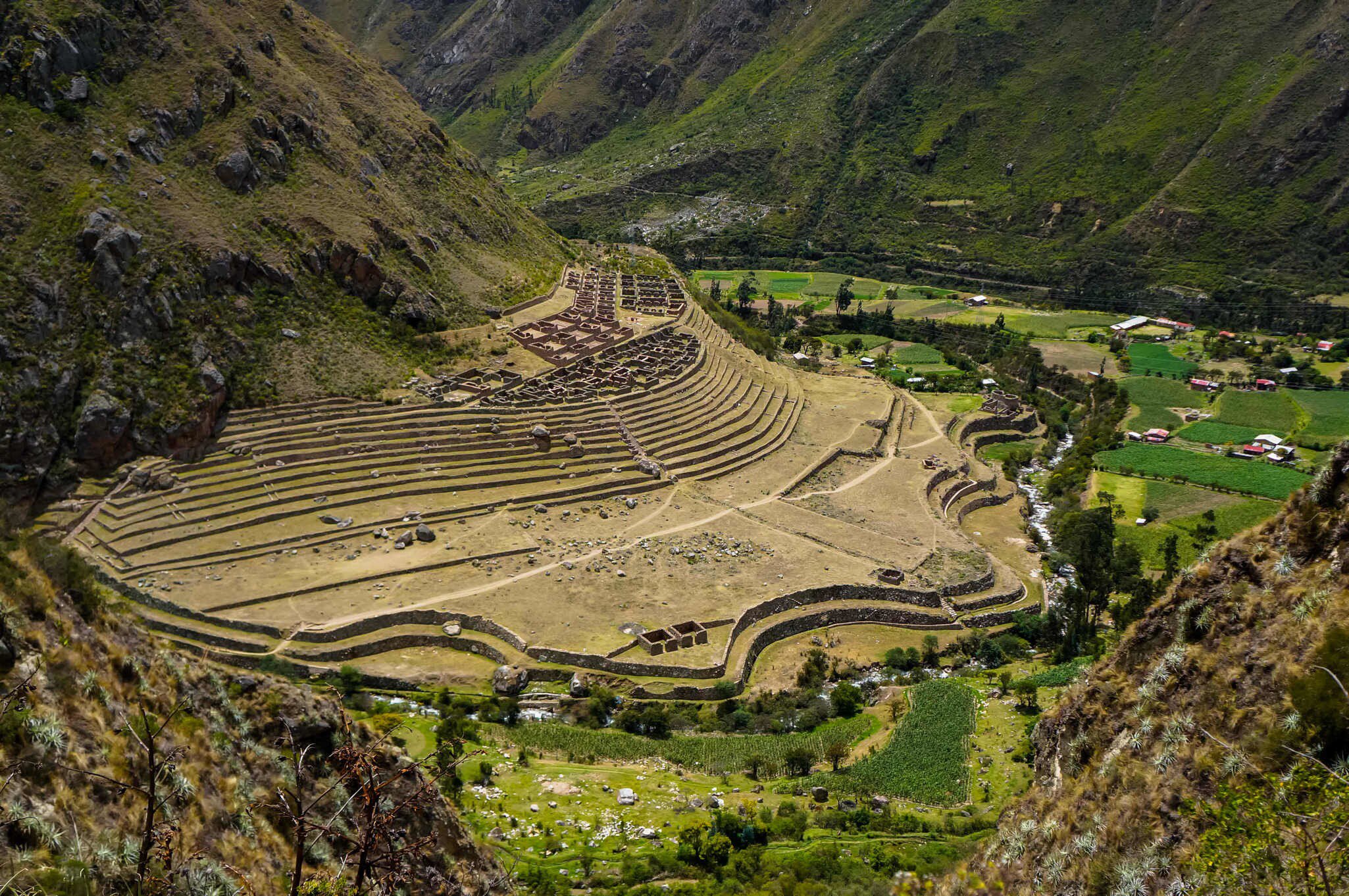 Aerial view of the terraced ruins of Llactapata, on the original Inca trail, Peru.