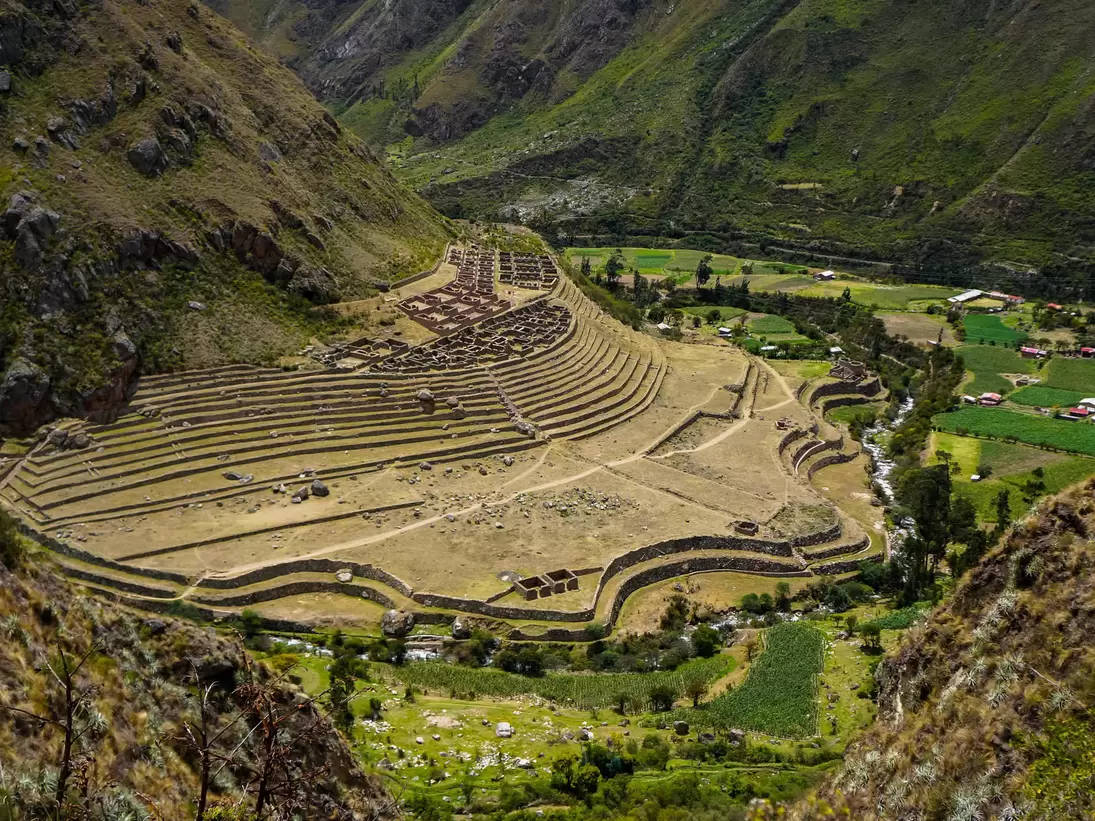 Aerial view of the terraced ruins of Llactapata, on the original Inca trail, Peru.