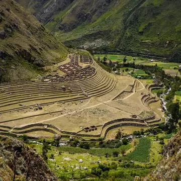 Aerial view of the terraced ruins of Llactapata, on the original Inca trail, Peru.