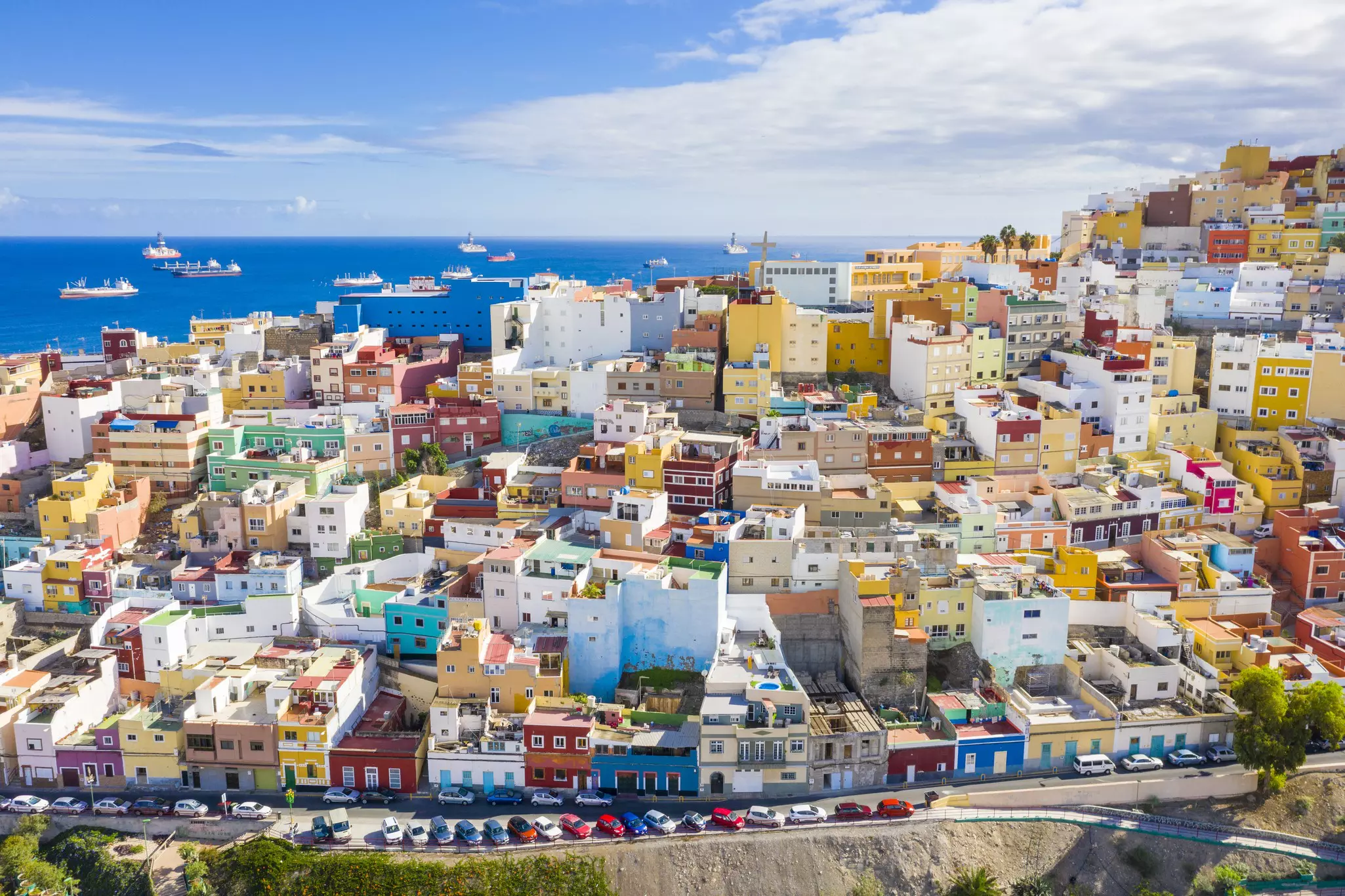 Aerial view on colorful houses on a hillside in the Old Town of Las Palmas, Gran Canaria, Canary Islands, Spain