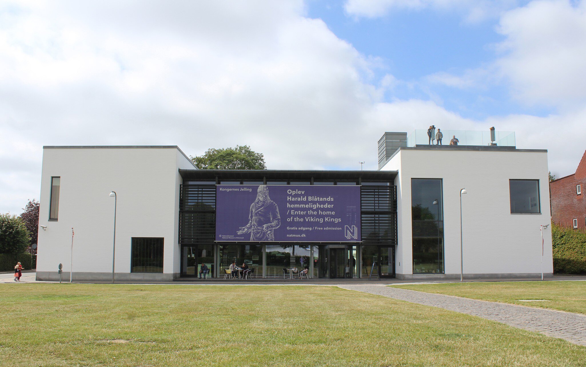 Exterior view of the experience centre at the Jelling Monuments, (Kongernes Jelling), in Jutland. A popular viking tourist attraction and historic site.