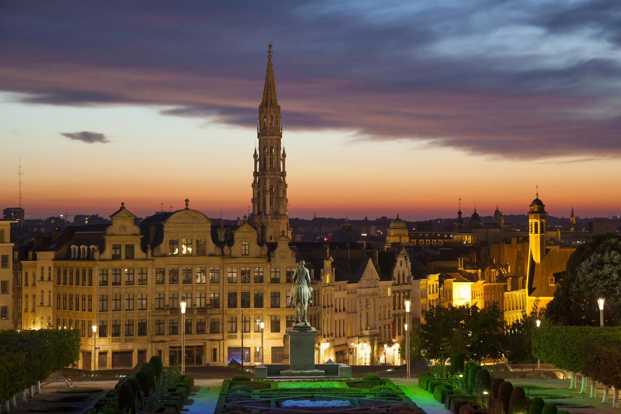 Cityscape of Brussels from Jardin Monts des Arts in the late twilight