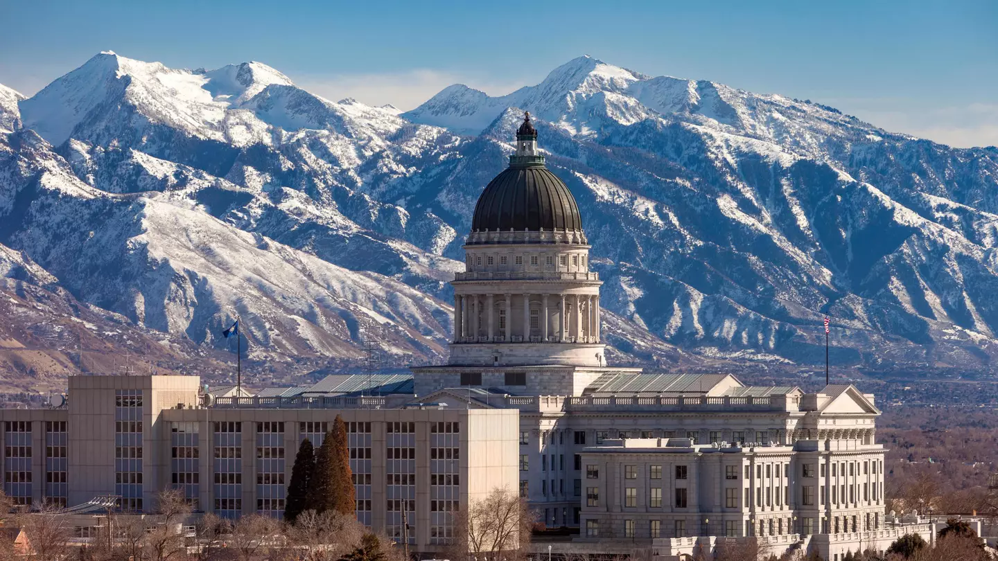 Utah State Capitol Building and the mountains of the Wasatch Range beyond, Salt Lake City, Utah, USA