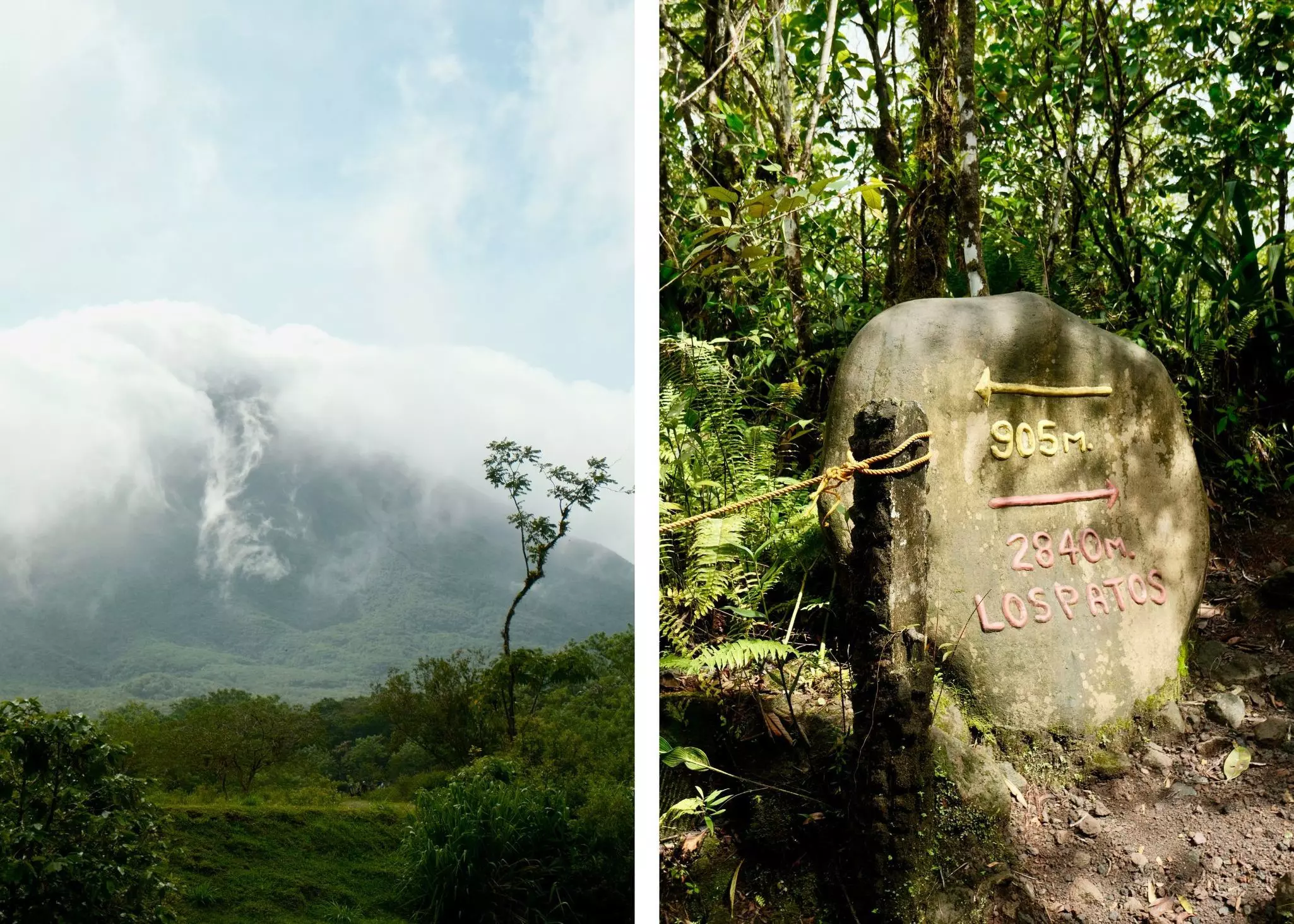 Left: an inactive volcano is shrouded by clouds and fog. Right: A sign points the way saying how much further is left on the trail