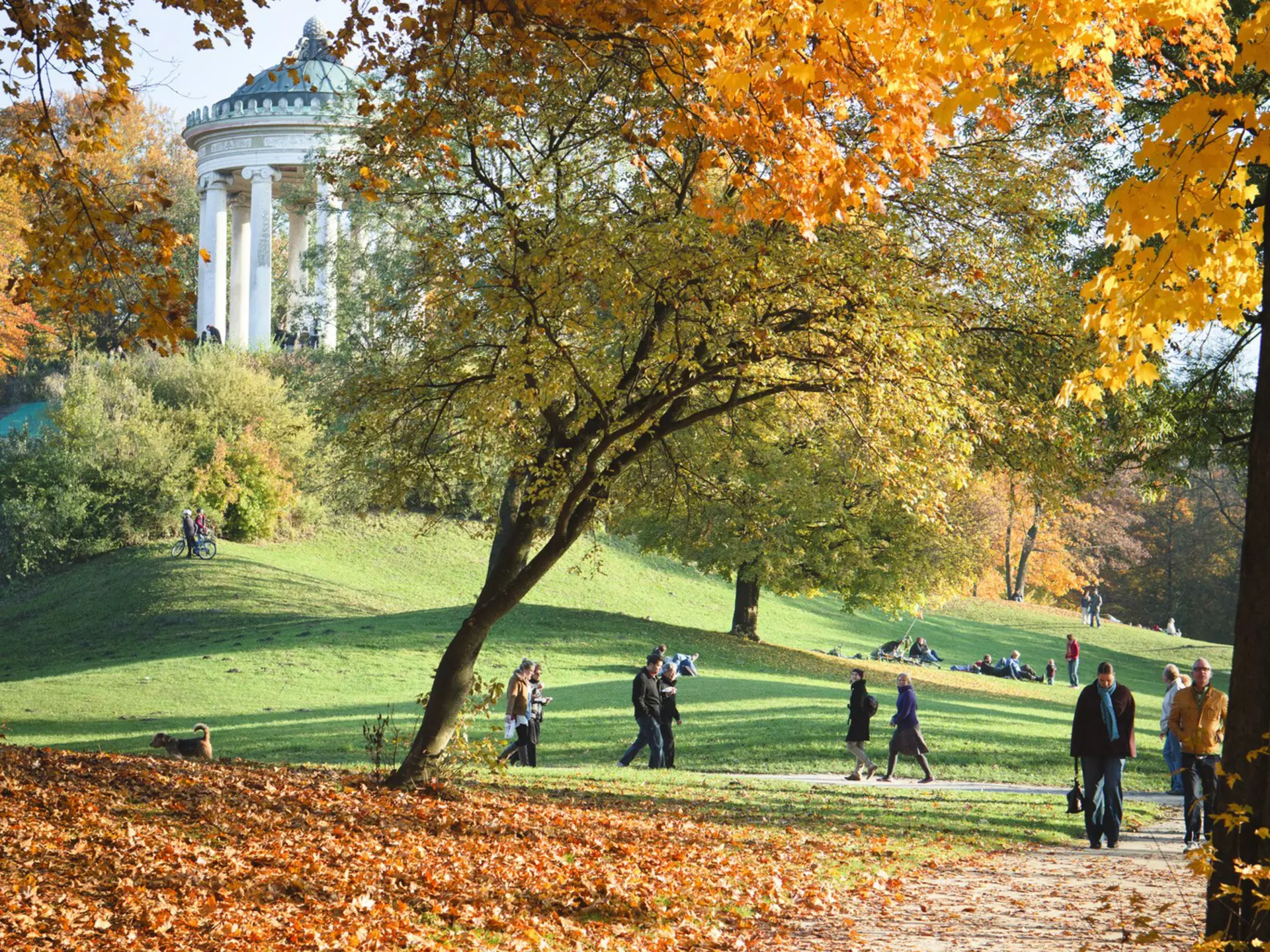 People walking and enjoying the autumn sun in English Garden.