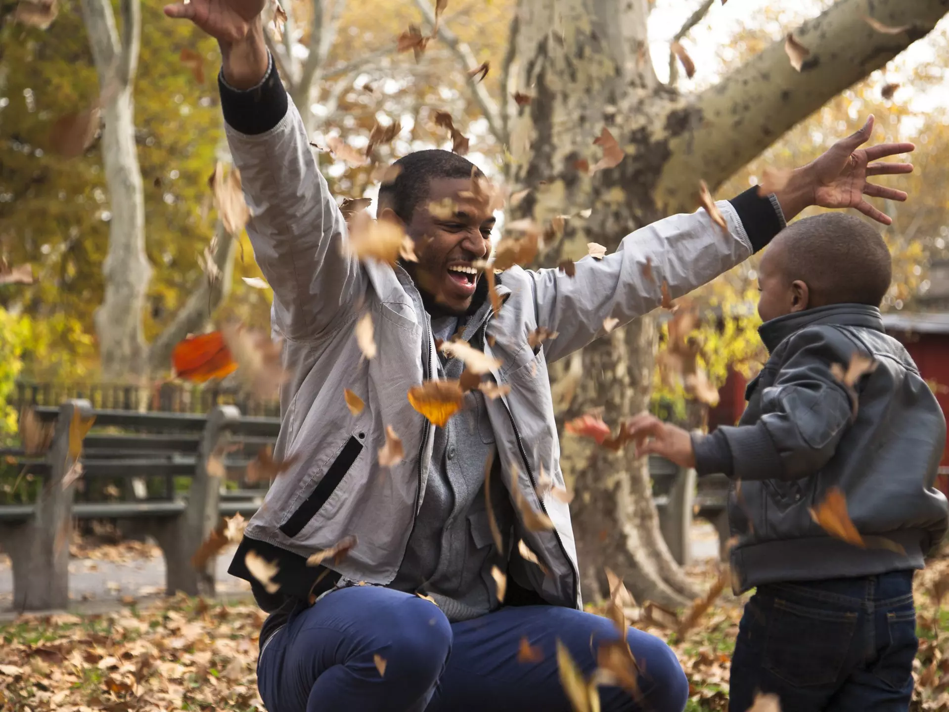A father and son play in the fall leaves in New York state
548563727
2 to 3 years, 25 to 29 years, african american ethnicity, arms open, autumn leaf, autumn, boy, carefree, casual clothing, child, childhood, copy space, cute, day, energy, enthusiasm, family life, family with one child, father, fun, happiness, hooded top, innocence, jeans, laughing, leisure, love, male bonding, male, man, mid air, nurturing, outdoors, park, playfighting, playing, sharing, side view, single parent, smiling, son, three quarter length, throwing, toddler, togetherness, two people, young man, brooklyn, new york, united states of america