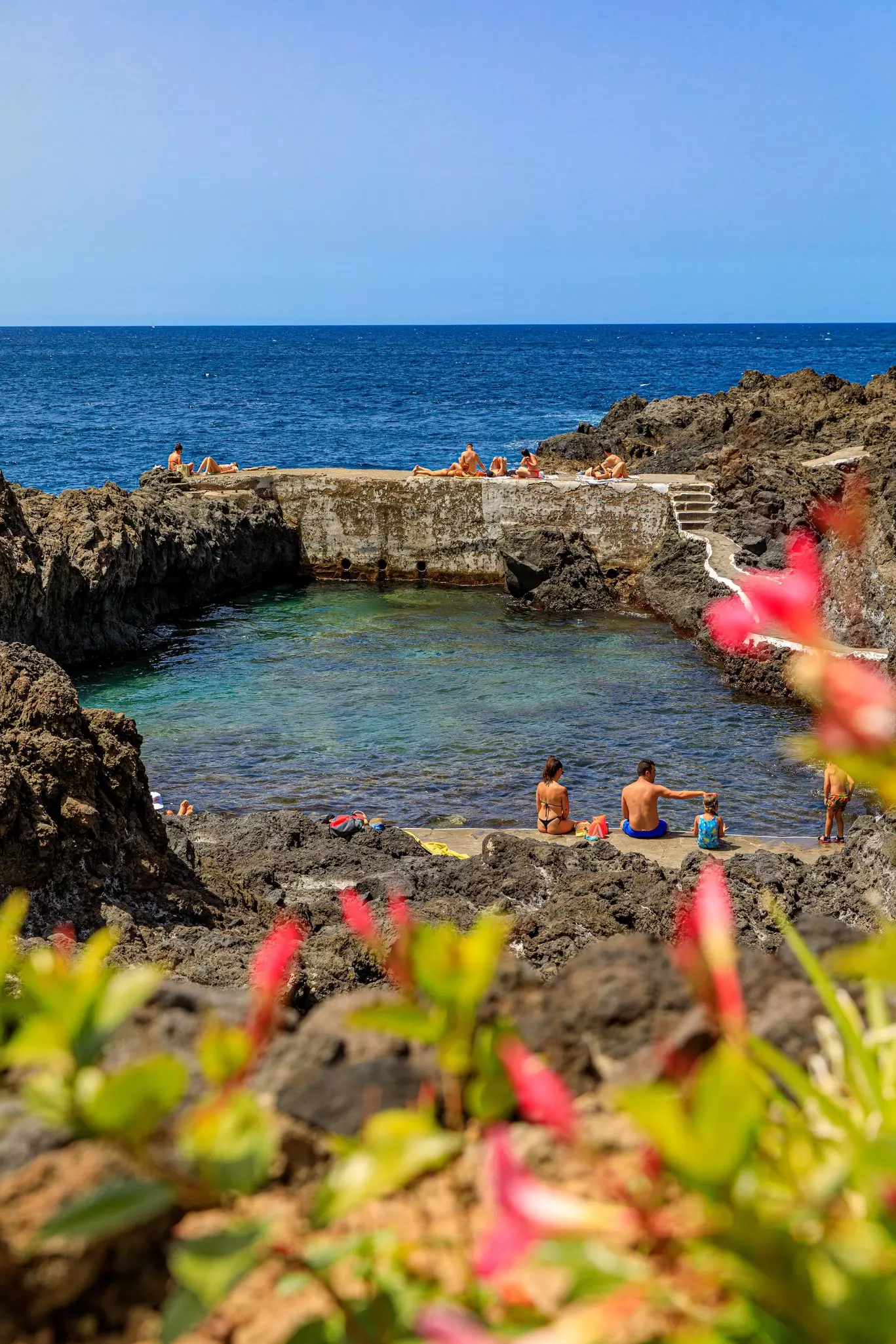 People sitting around the wall of a natural pool in the sea. Pink flowers are in the foreground.