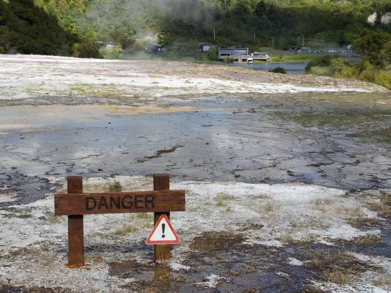 A warning sign at Orakei Korako Geothermal Park. between Rotorua and Taupō in New Zealand (Aotearoa). 