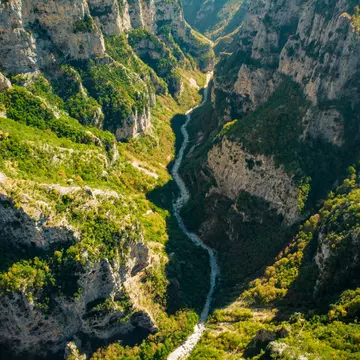 Aerial view of Vikos Gorge, a gorge in the Pindos Mountains of northern Greece.