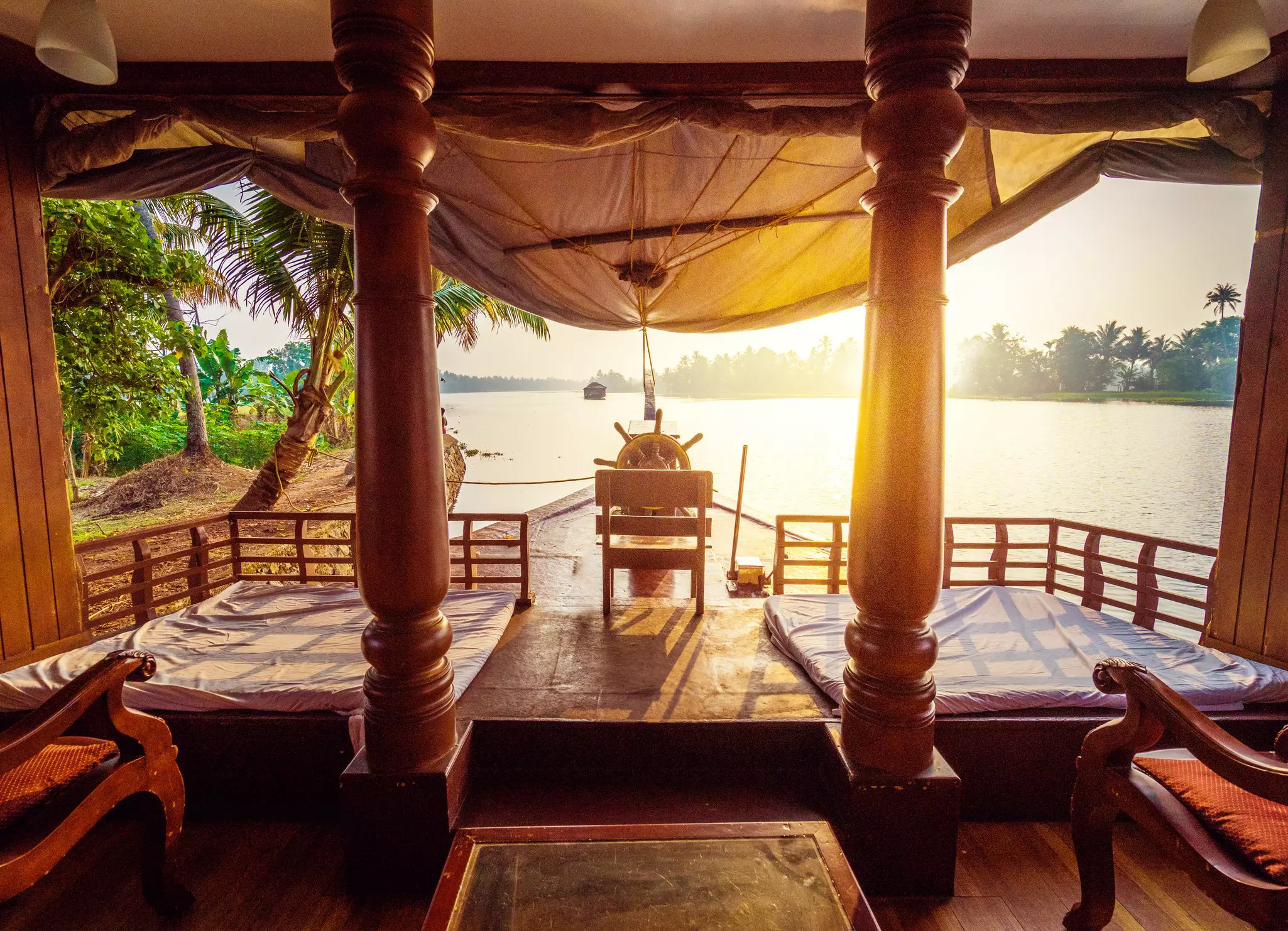 A view from the porch of a houseboat on Kerala's backwaters.