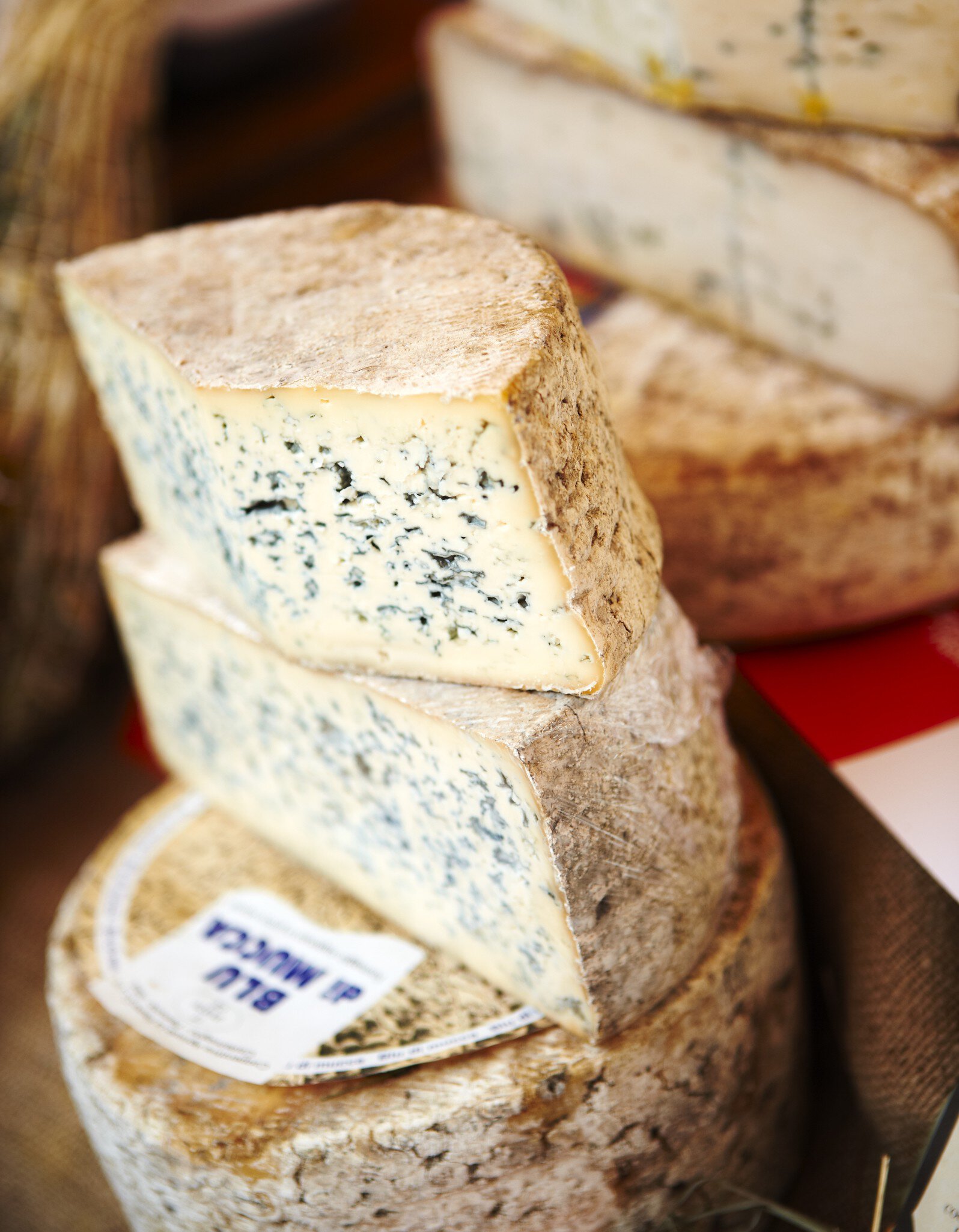 Cheese for sale at market in Langhe Valley.
