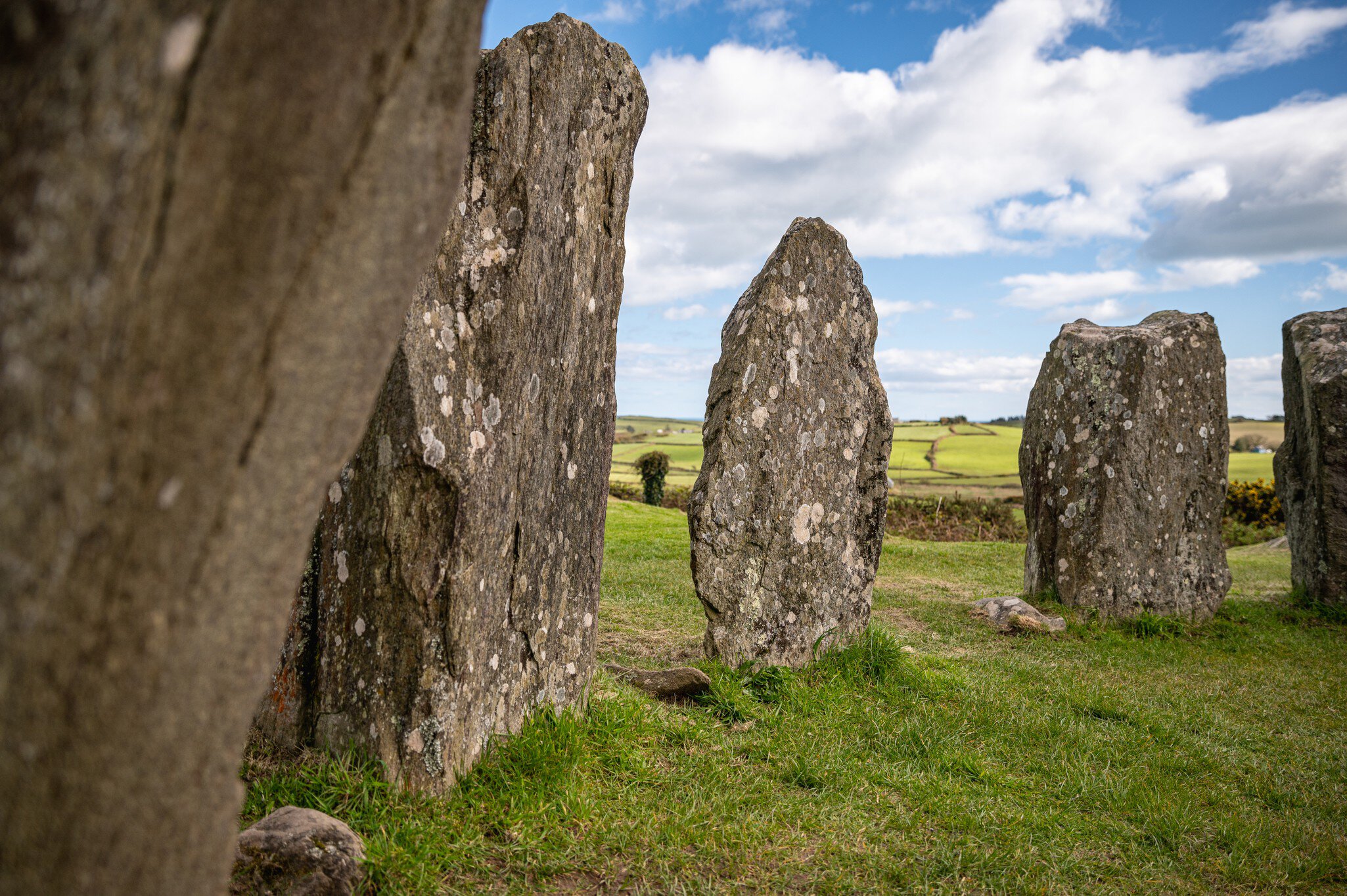 Close up of Drombeg Stone Circle with green grass and blue sky.