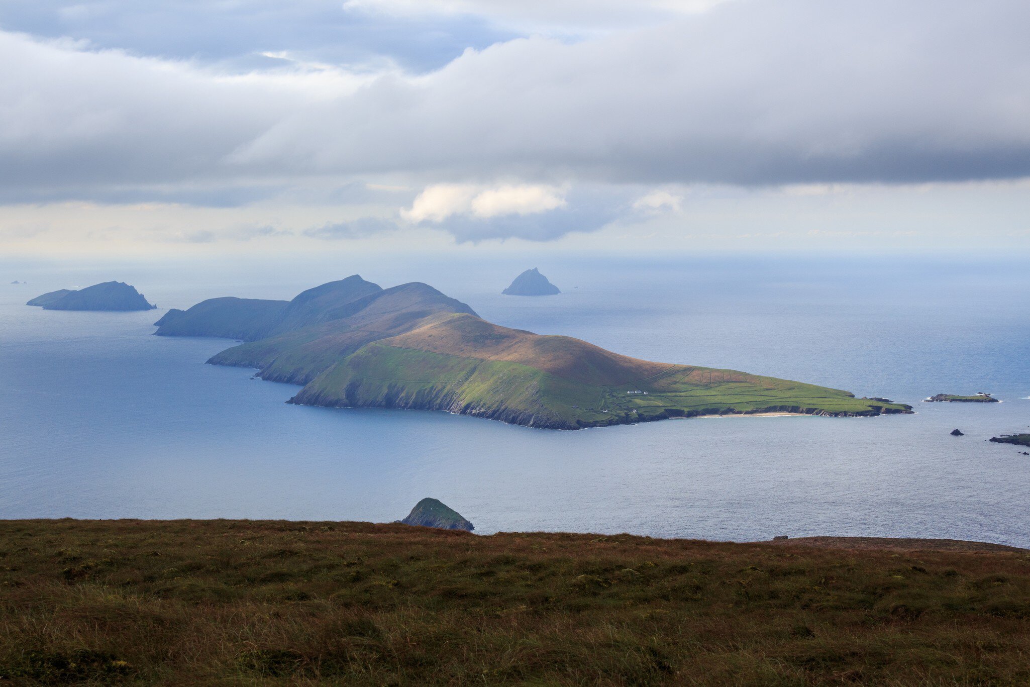 The Great Blasket Island viewed from the slopes of Mount Eagle (Sliabh an Iolair) on the Dingle Peninsula along the Wild Atlantic Way in Ireland.