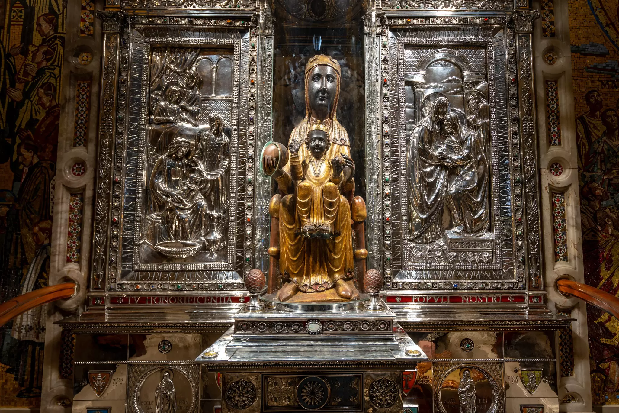 Wooden statue of La Moreneta inside the Monestir de Montserrat near Barcelona, Spain.