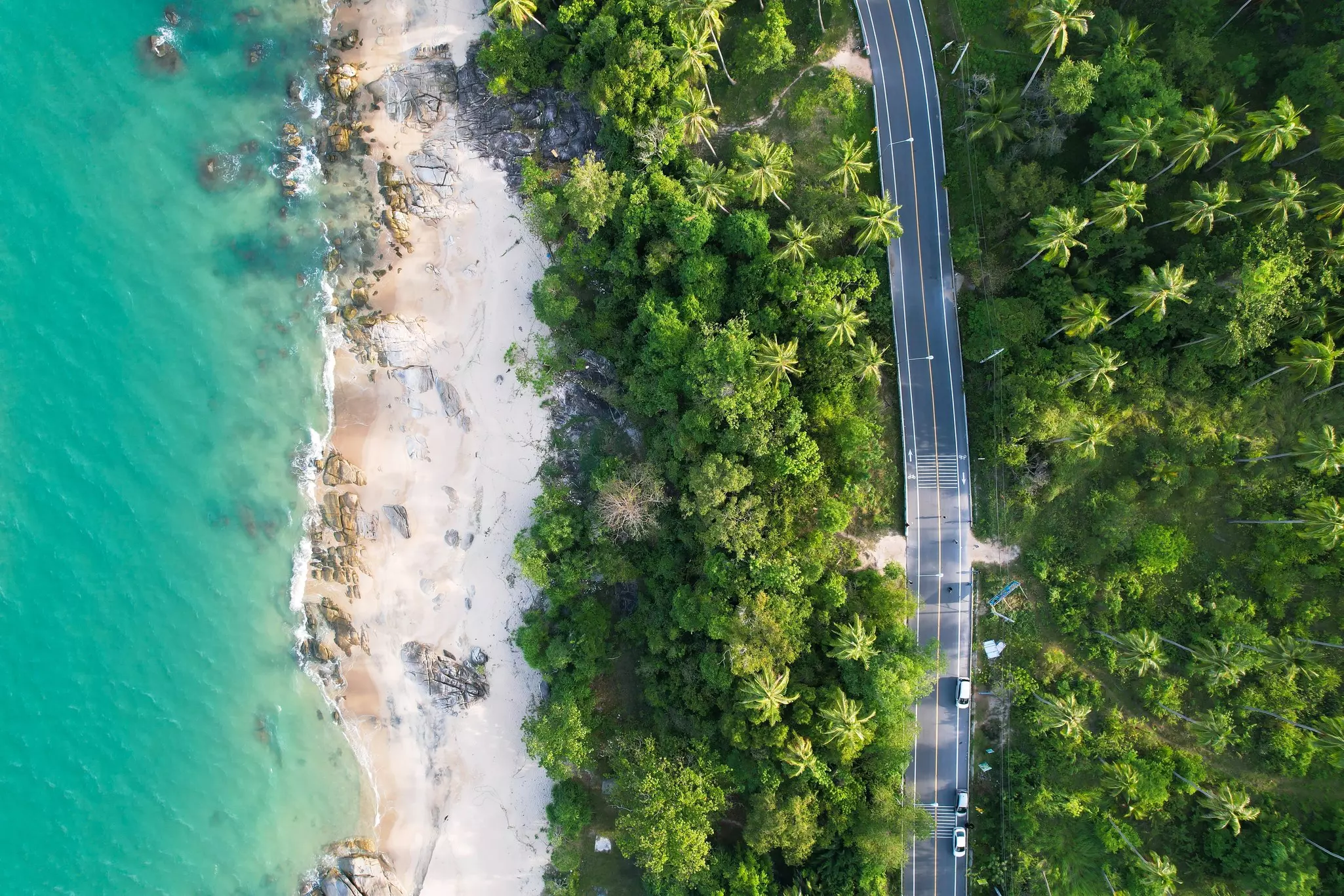 An aerial view of cars on a paved road parallel to the beach and turquoise waters, separated by lush green palm trees near Phuket, Thailand.