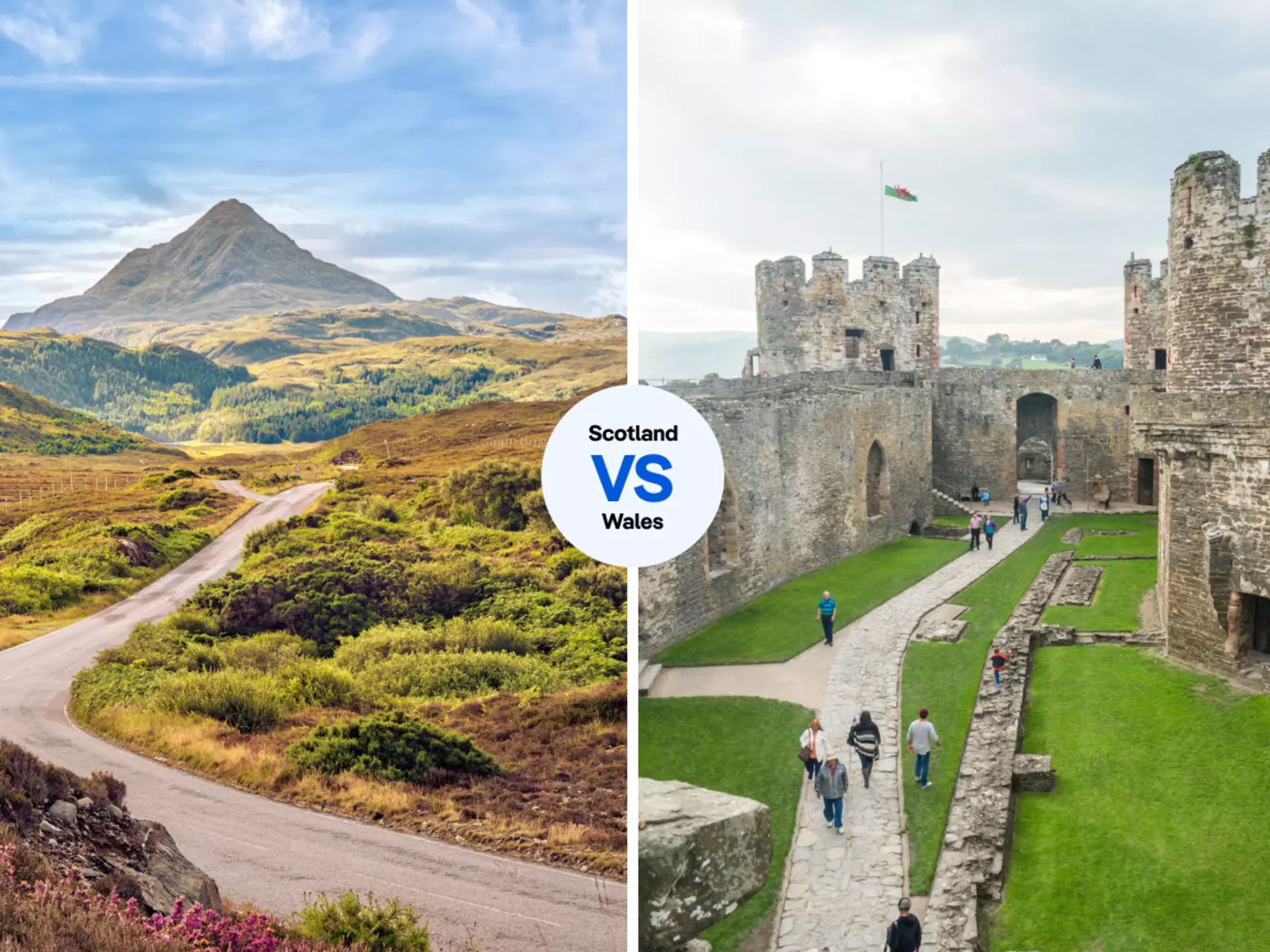 Left: Scottish Highlands. Right: Conwy Castle, Wales. iStock