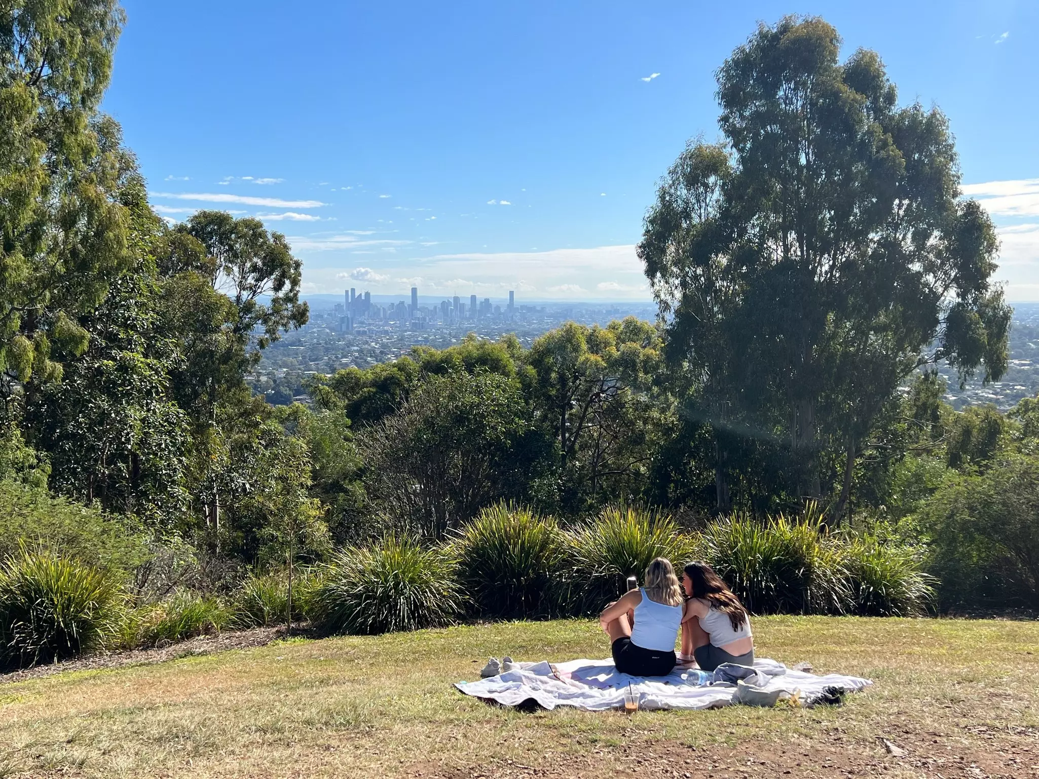 Two women sitting on a picnic blanket outdoors at a park viewing a city skyline in the distance on a sunny day.
