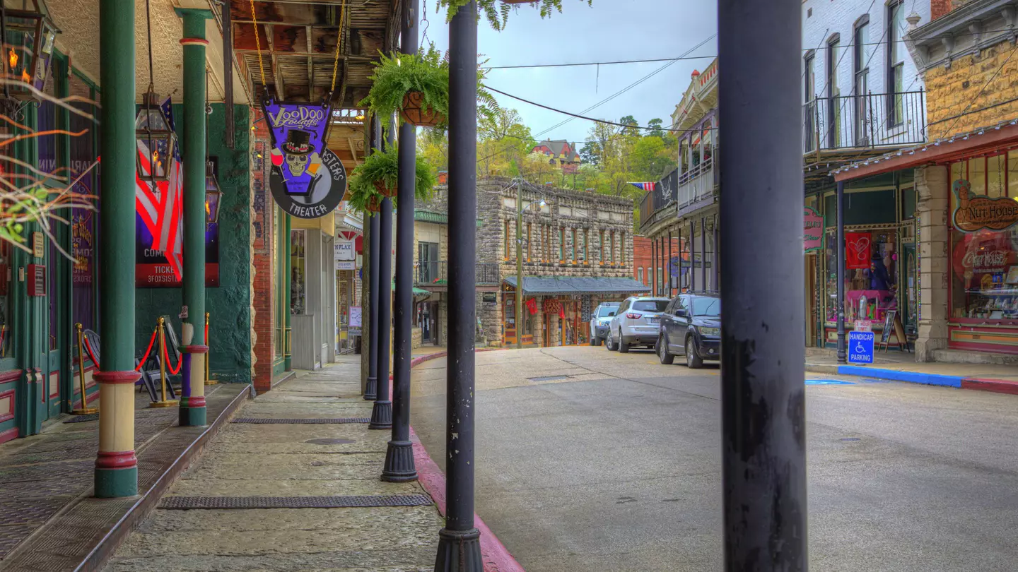 The colorful shopfronts and porches of Spring Street in Eureka Springs, Arkansas