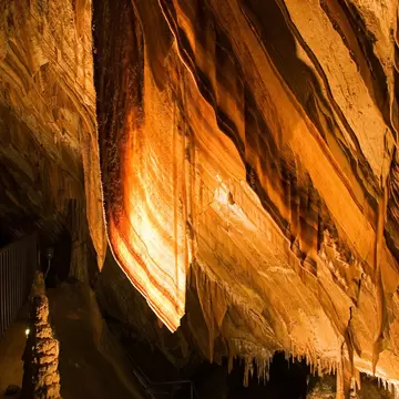 Gunns Plains Cave. Limestone stalactite and stalagmite formations. Tasmania, Australia.