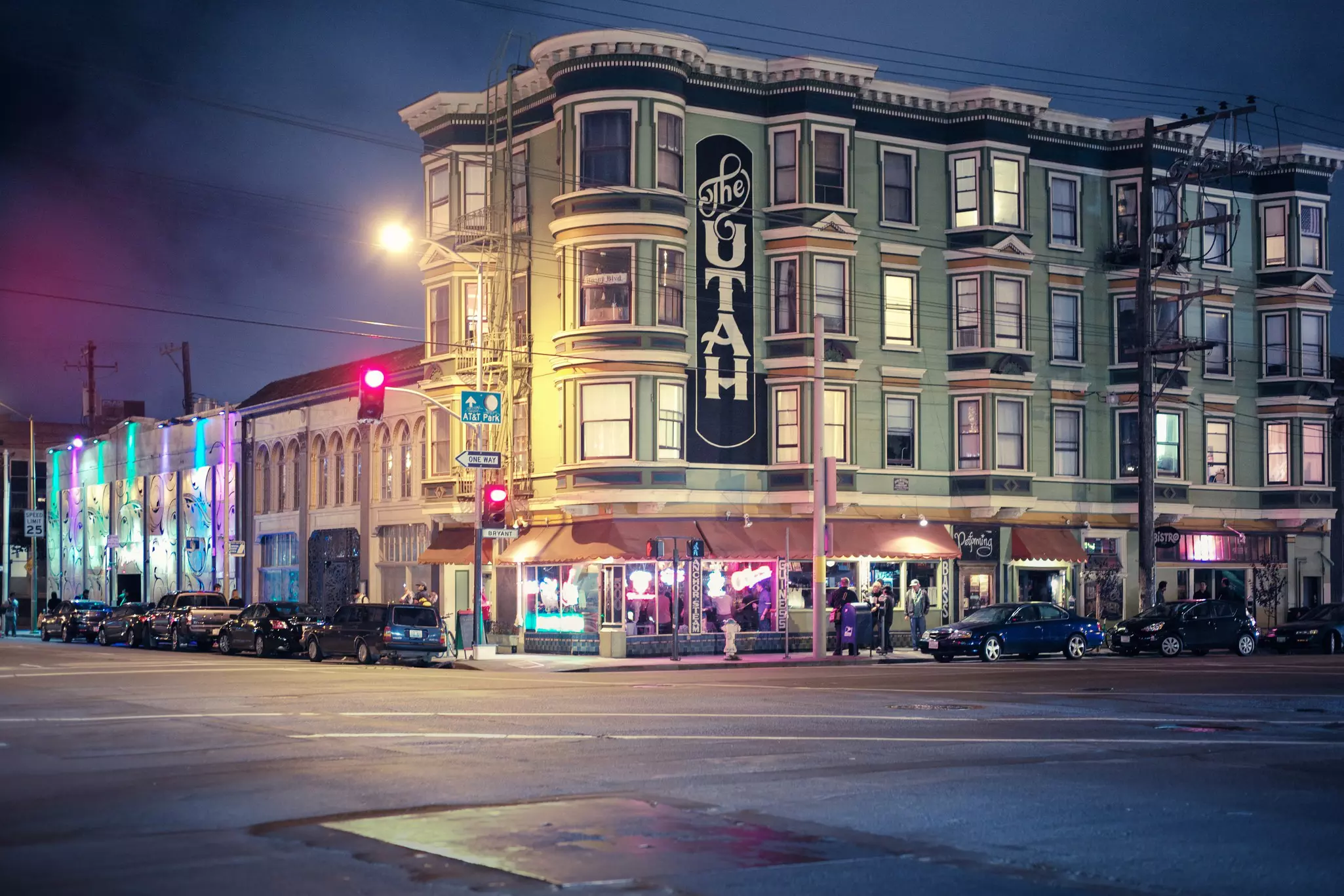 Wide exterior shot of The Utah bar at nighttime.