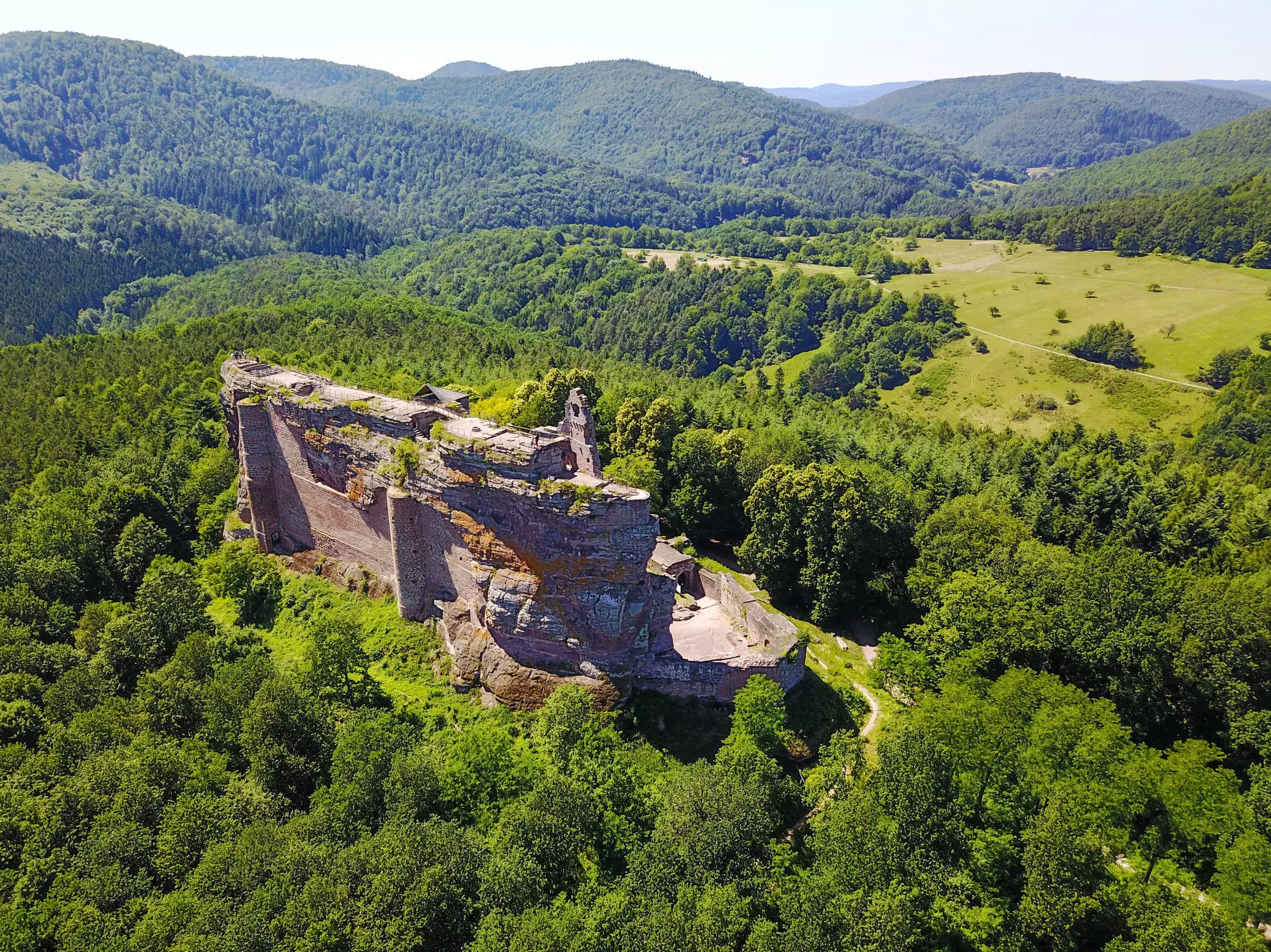 Aerial view, Fleckstein castle in Lembach, Alsace France