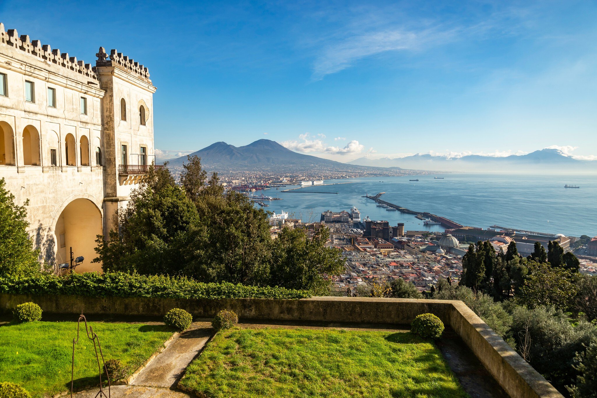 Scenic picture view of the city of Naples Napoli with famous Mount Vesuvius in the background from Certosa di San Martino monastery, Campania, Italy; Shutterstock ID 2105276987; purchase_order: 65050; job: poi; client: ; other: