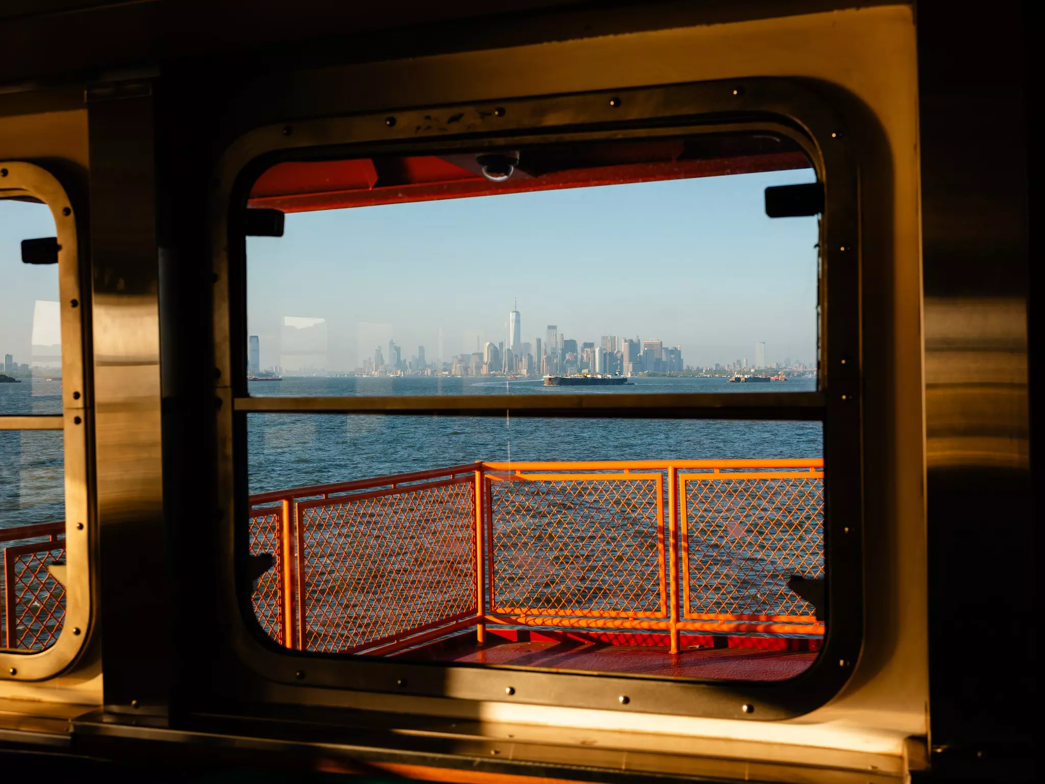 The Staten Island Ferry from Staten Island, NY to Manhattan, NY. The manhattan skyline from the ferry.