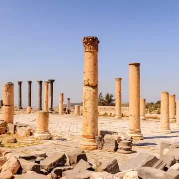 Roman colums of the ancient city of Gadara, modern Jordan; Shutterstock ID 393022714;