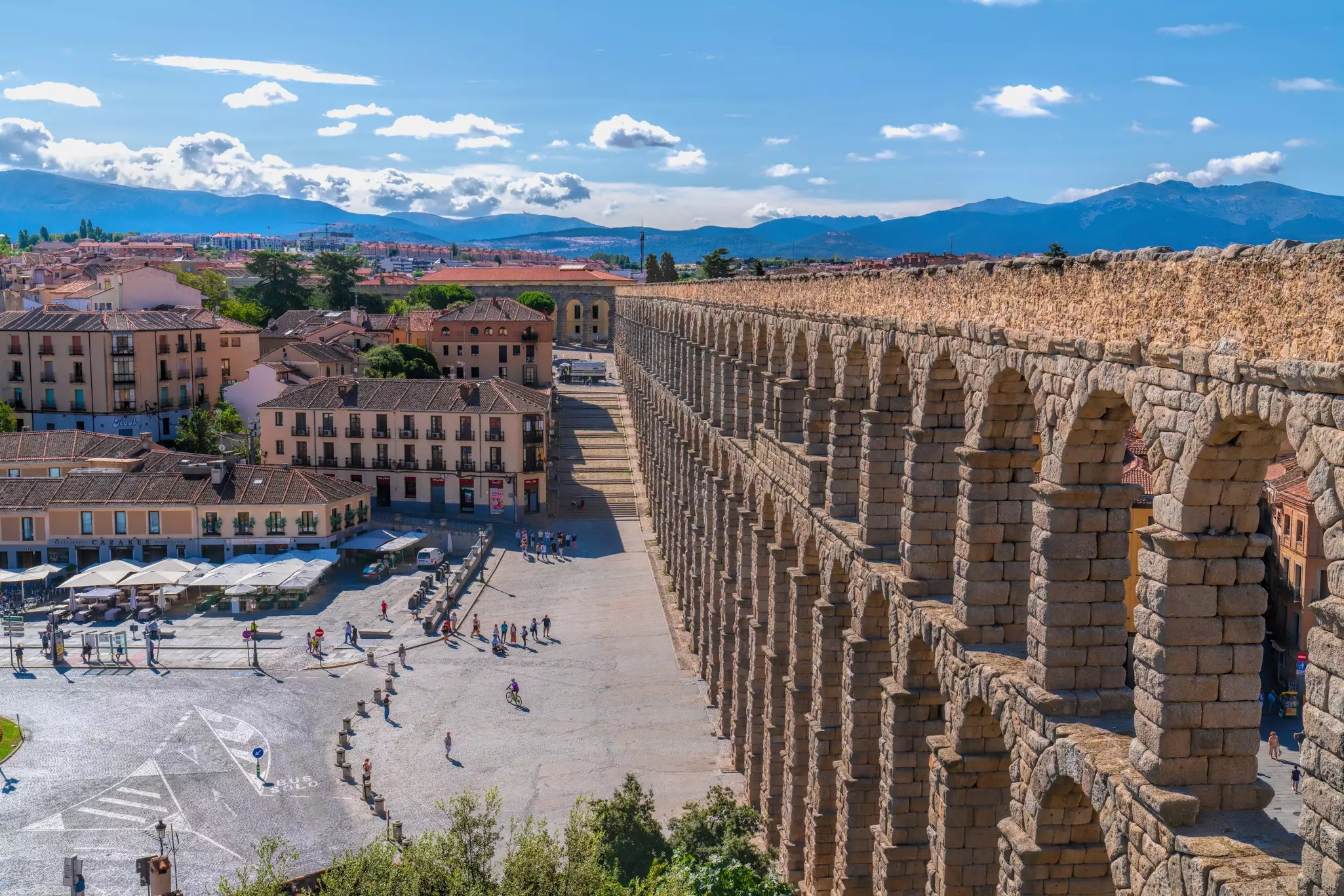 A view from the historic Roman aqueduct in Segovia, Spain. 