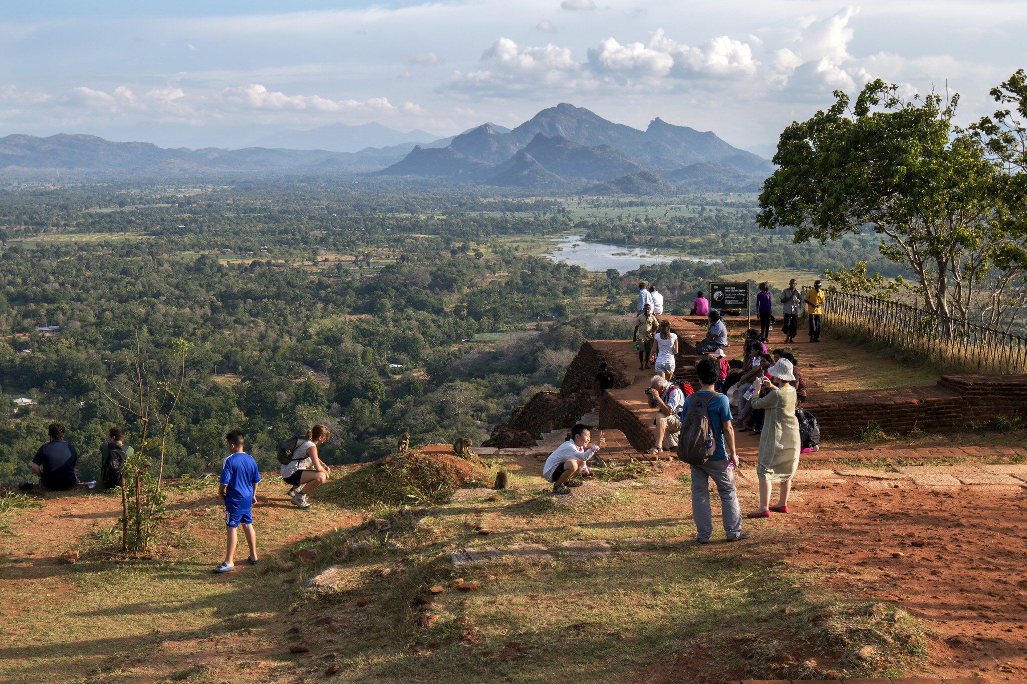SIGIRIYA, SRI LANKA - JANUARY 20, 2013 : Visitors and a group of monkeys enjoy the late afternoon sun on the summit of Sigiriya Rock in central Sri Lanka.; Shutterstock ID 685100287;