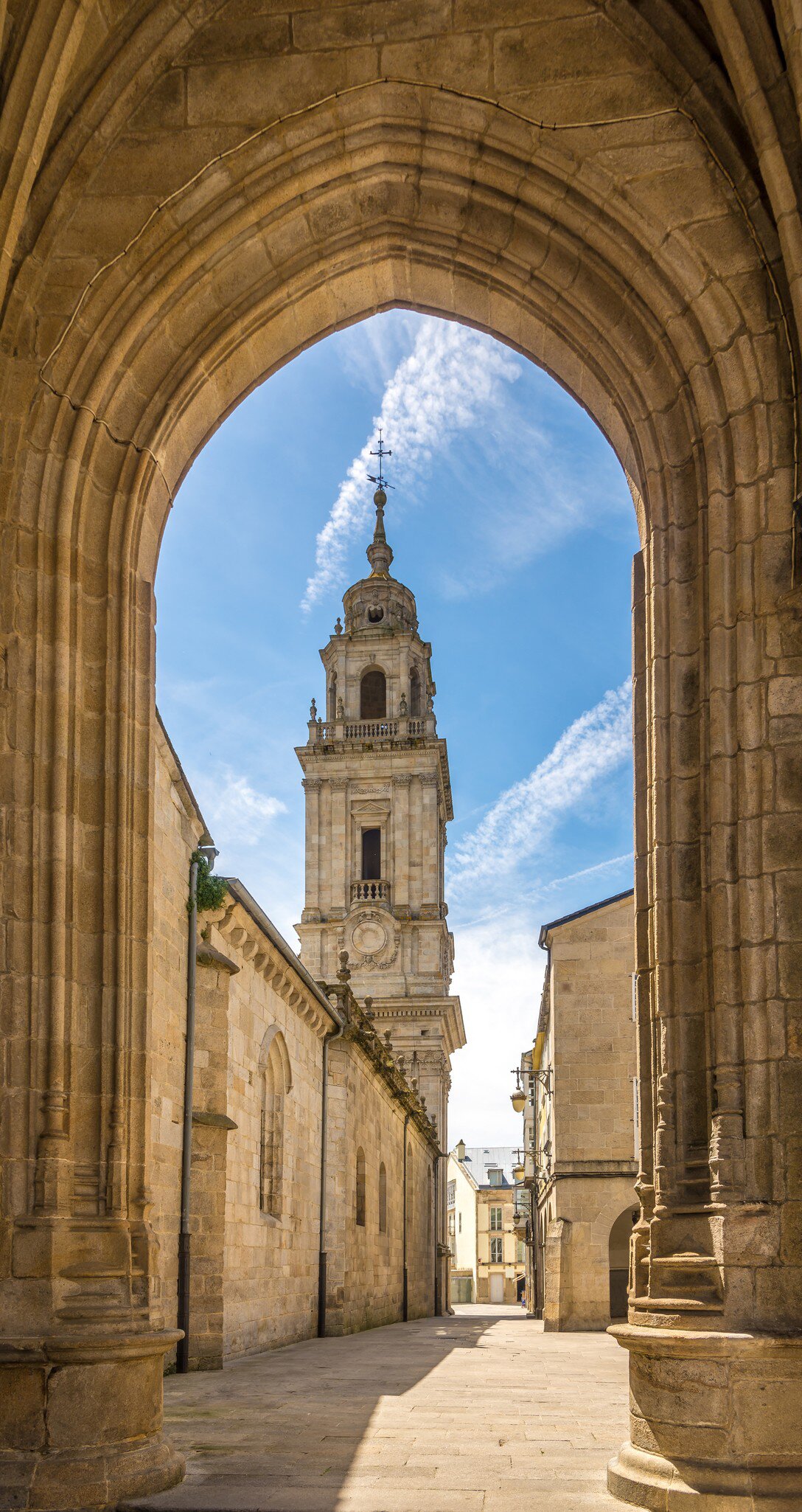 View of the tower of the Catedral de Santa María in Lugo, Spain.