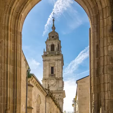 View of the tower of the Catedral de Santa María in Lugo, Spain.