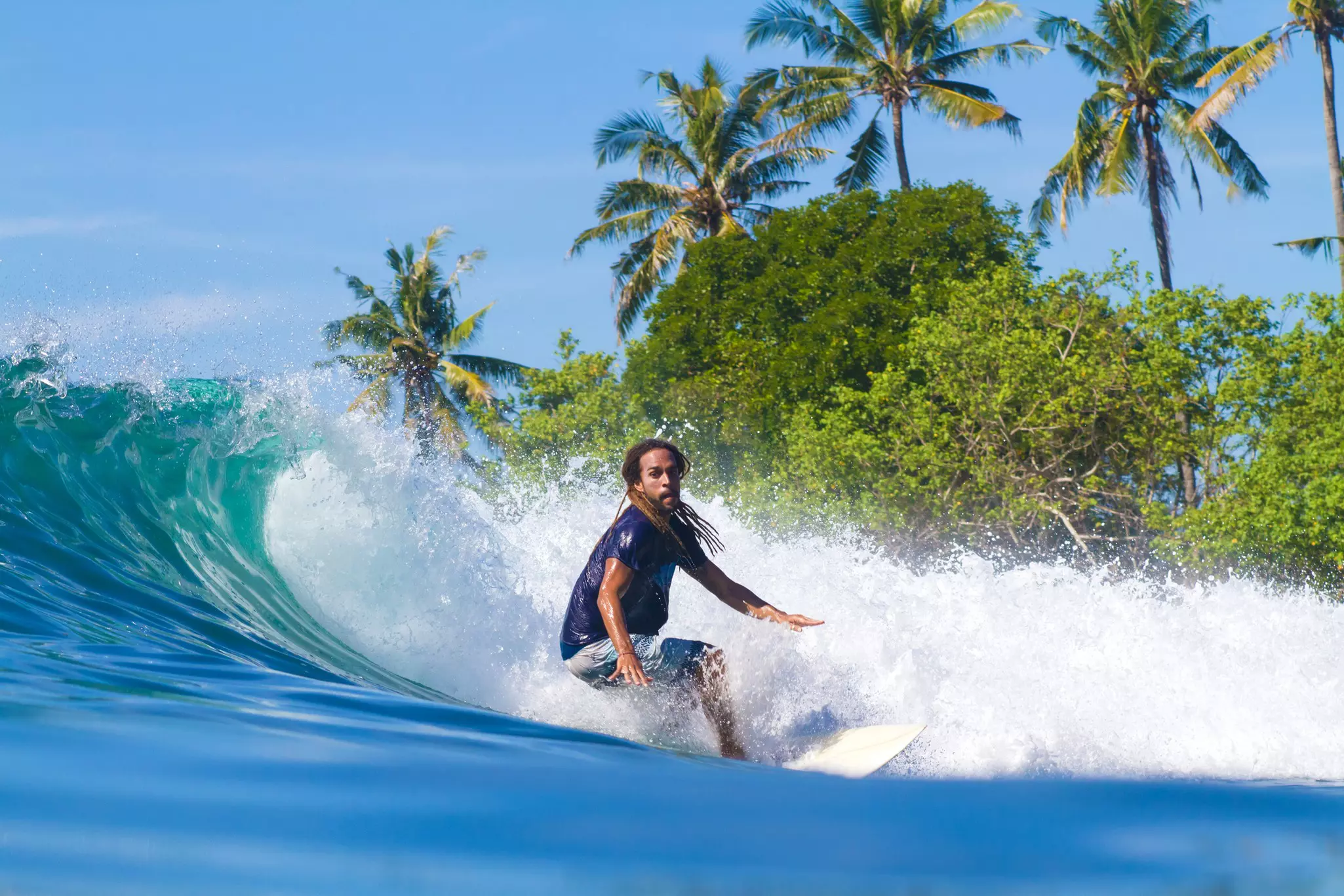 A man follows the barrel of a wave as he surfs off a palm-lined coast