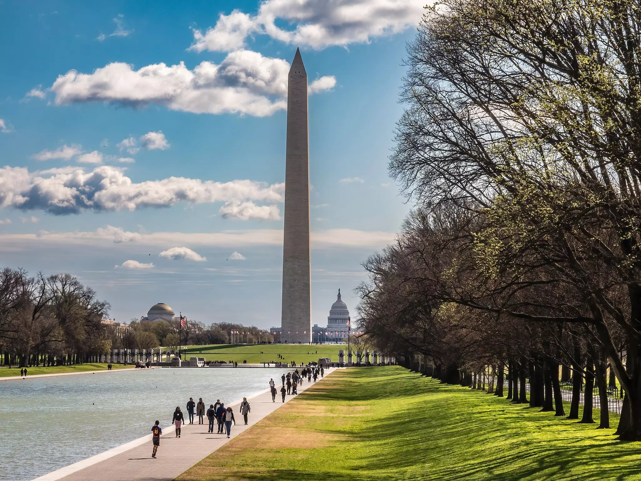The world's tallest obelisk, Washington Monument dominates this view of the National Mall, with the Capitol Building visible in the distance.