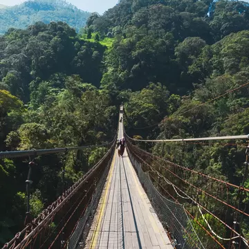 A narrow suspension bridge with rope railings stretching into dense forest-covered hills in West Java, two people midway