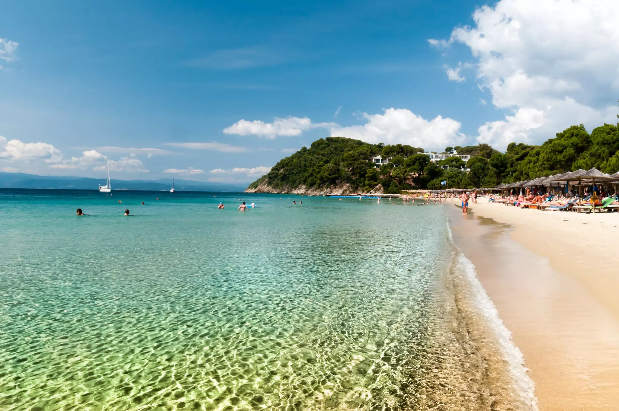 The long stretch of sand next to the clear sea at Koukounaries beach, Skiathos, Greece.