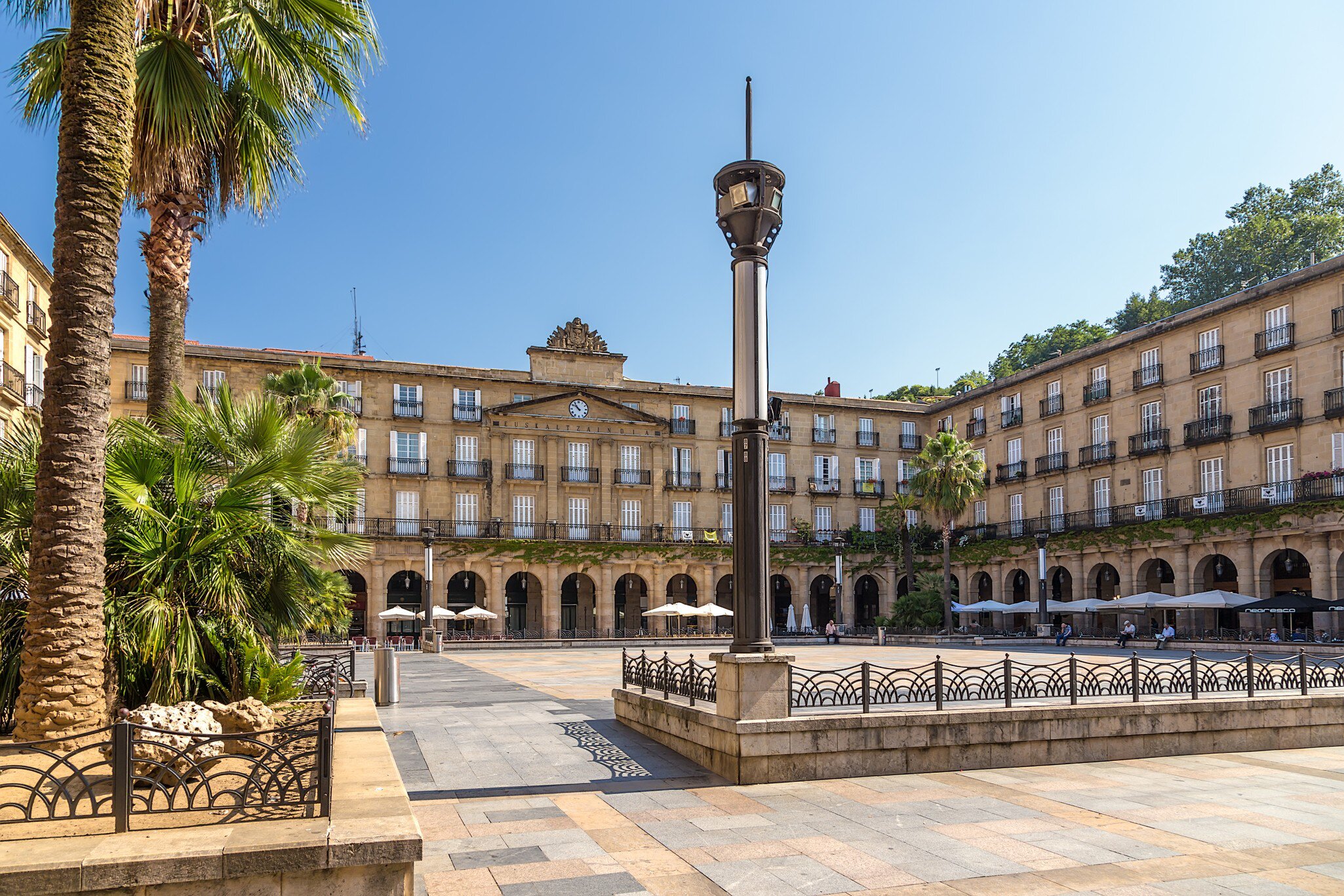 The Plaza Nueva and the building of the Royal Academy of the Basque Language – known as Euskaltzaindia – in Bilbao, Spain.