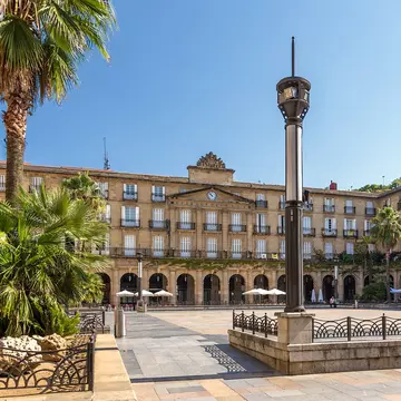 The Plaza Nueva and the building of the Royal Academy of the Basque Language – known as Euskaltzaindia – in Bilbao, Spain.