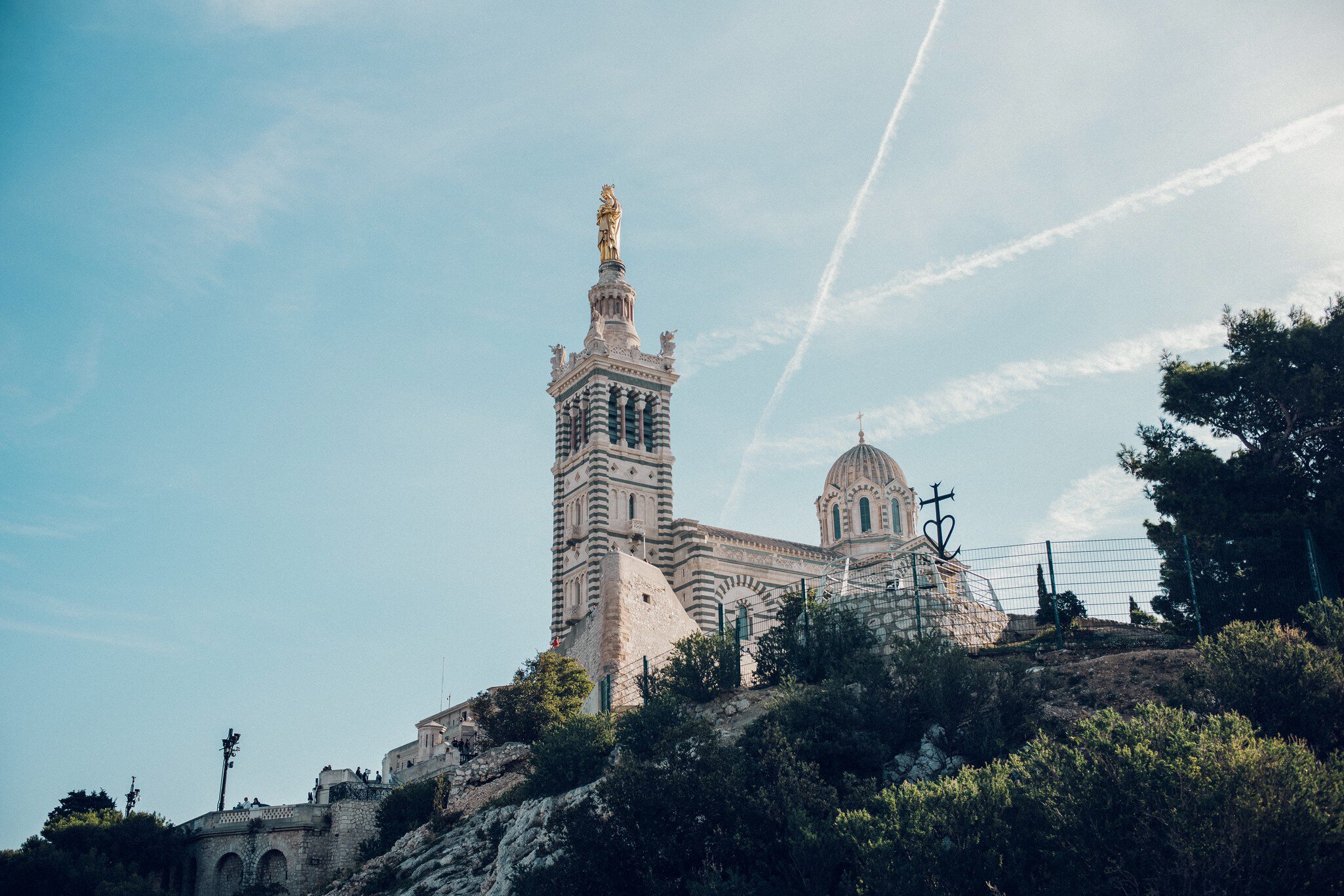 Wide view of Basilique Notre-Dame de la Garde in Marseille, France.