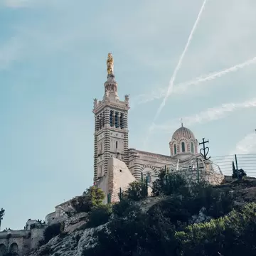Wide view of Basilique Notre-Dame de la Garde in Marseille, France.