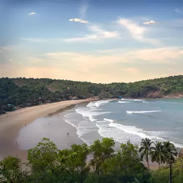 Horsehoe-shaped beach surrounded by cliffs covered in trees