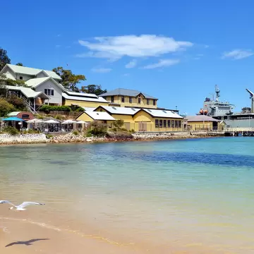 View on Chowder Bay beach and military ship in Sydney Harbour National Park, Australia.