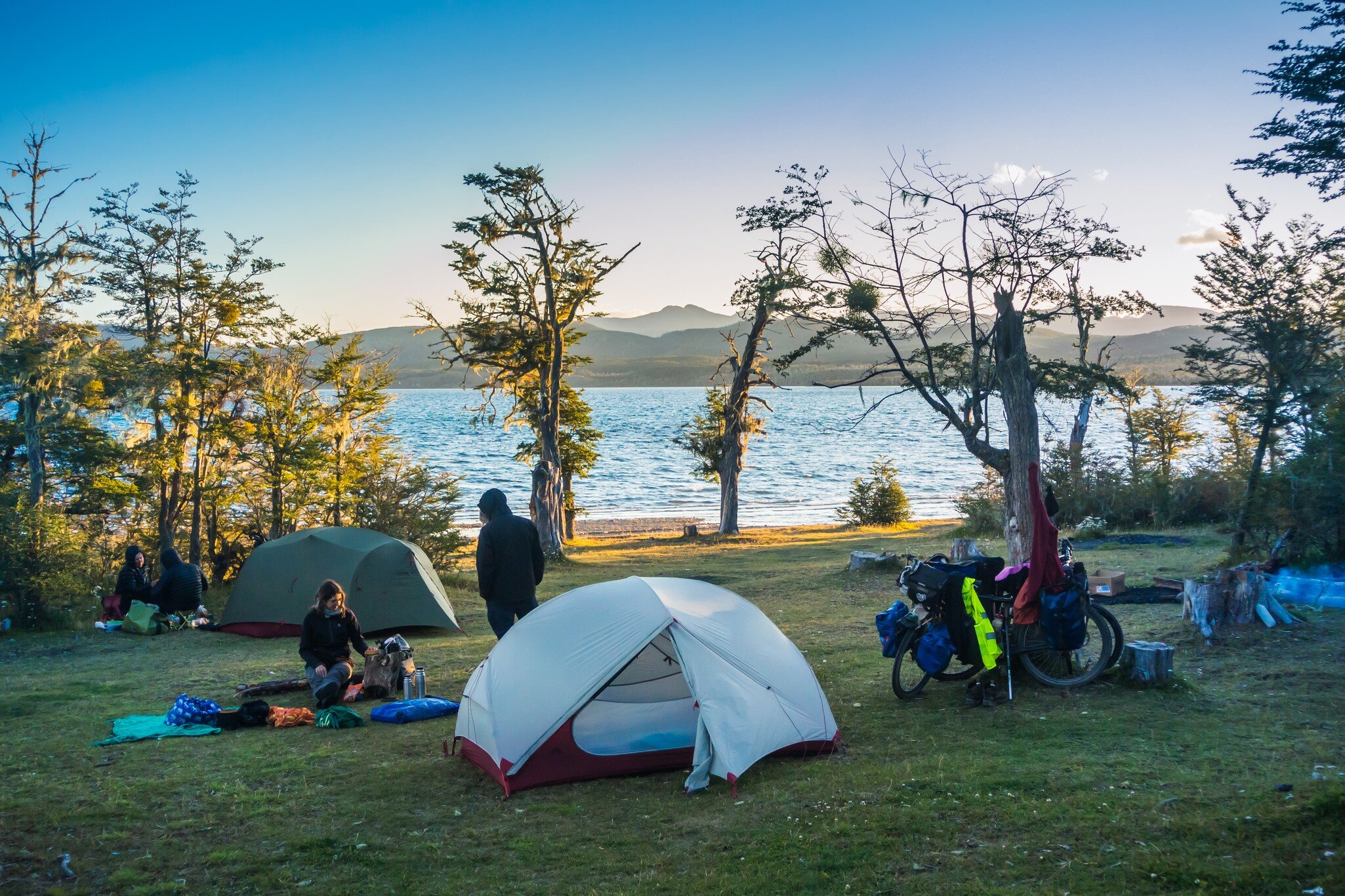 Wilderness camp by the lake on a bike trip through at Lago Yehuin in Tierra del Fuego, Argentina.