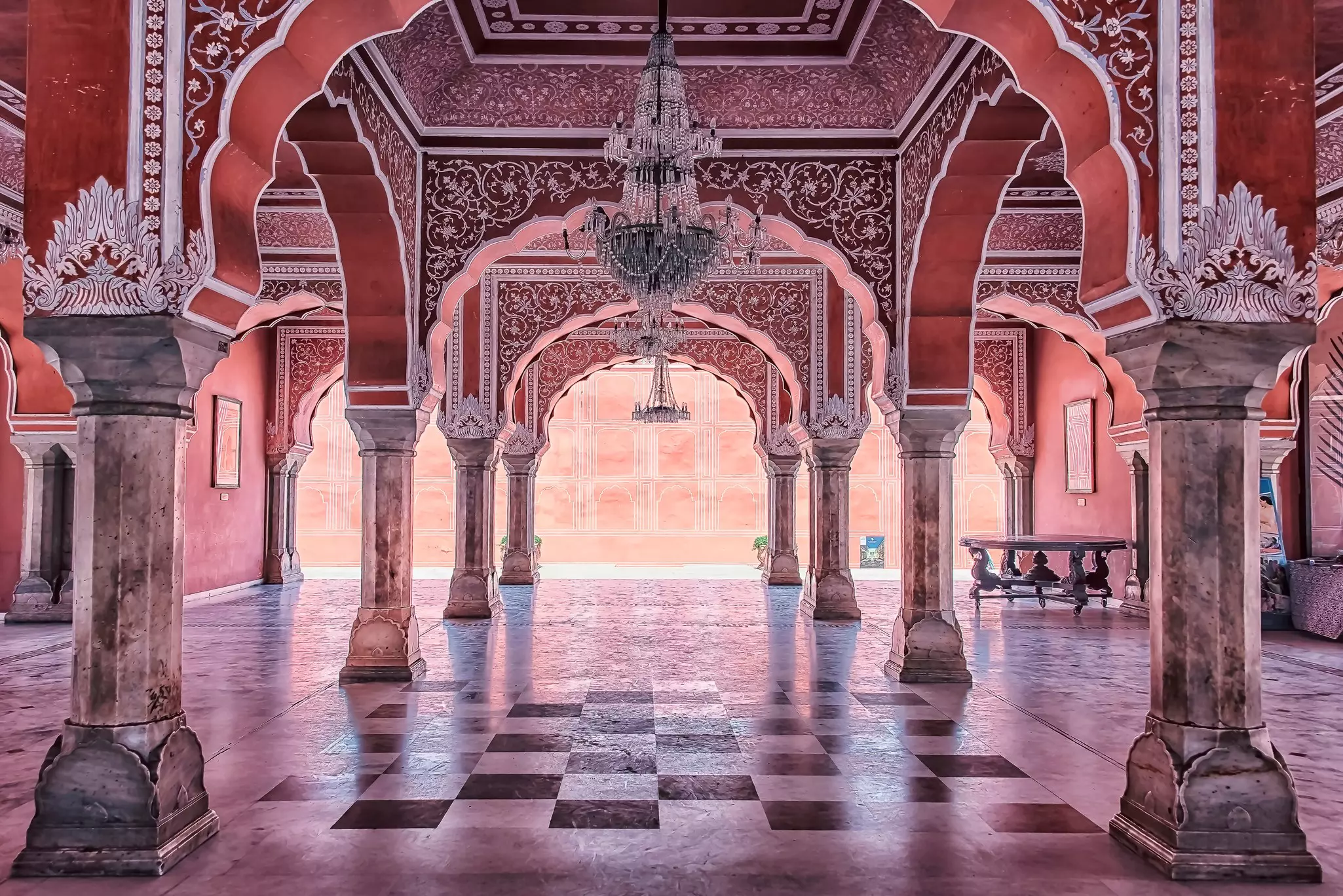 A painted section of the Diwan-i-Khas at the City Palace of Jaipur, Rajasthan, India.