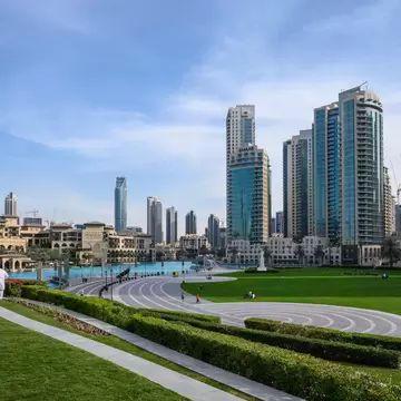Burj Park, lake Burj, hotels and skyscrapers in Dubai, UAE. Day 13 March 2020  License Type: media  Download Time: 2023-11-20T02:03:50.000Z  User: mvm_lonelyplanet  Is Editorial: Yes  purchase_order:   