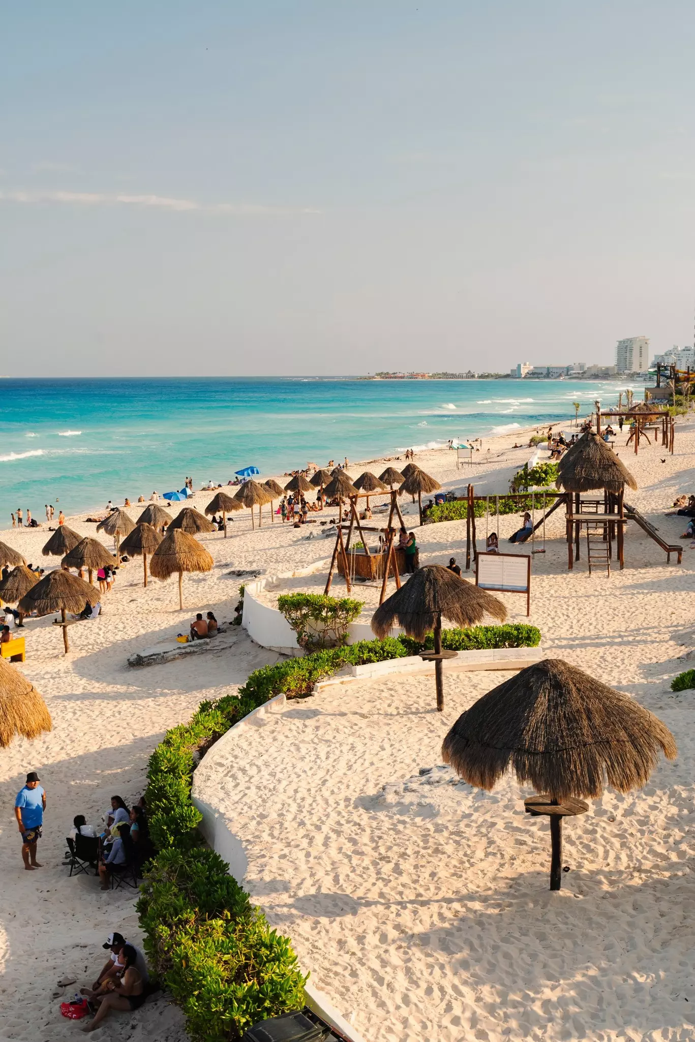 Evening coast scene from the top. Cancún caribbean beach, Playa Delfines.