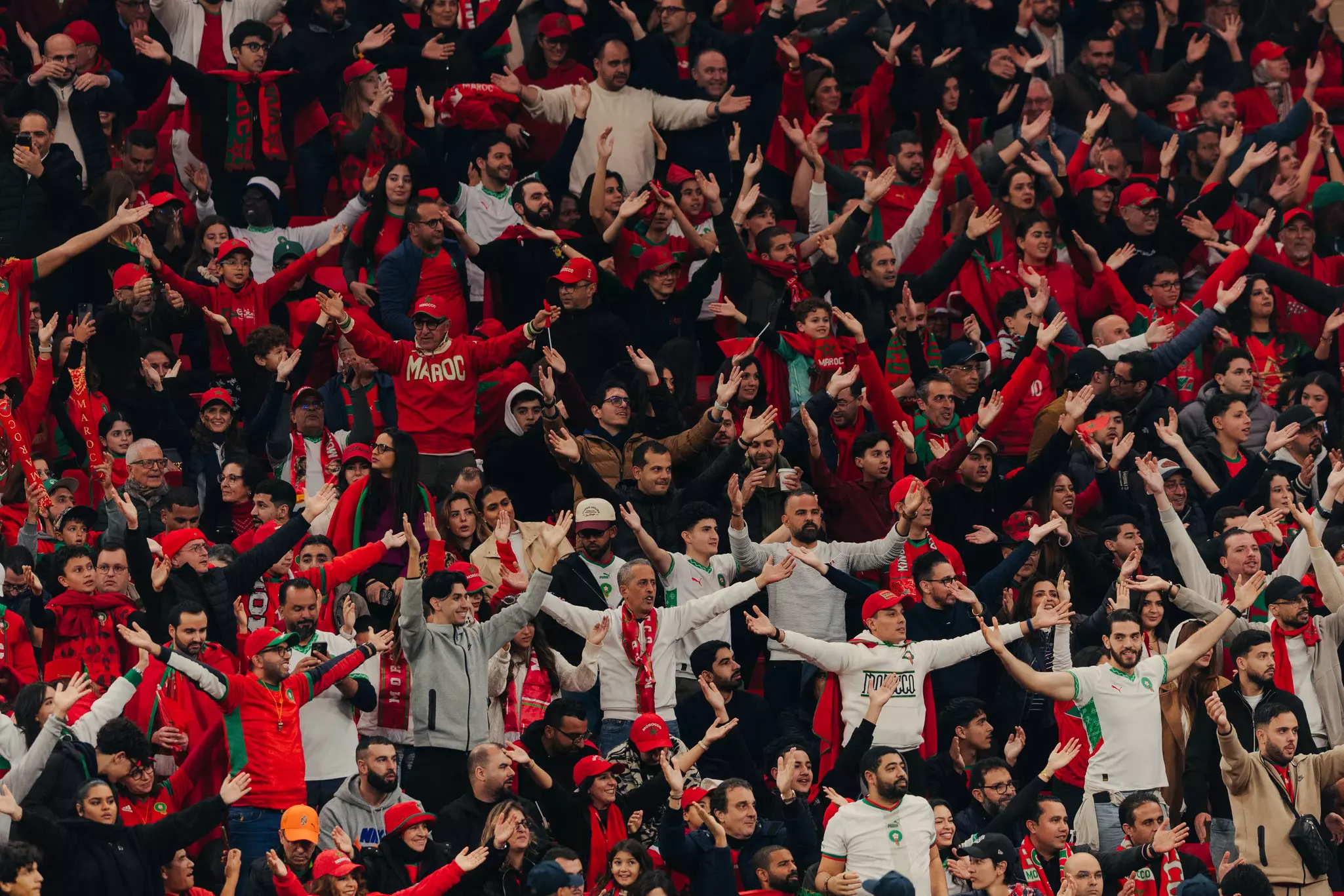 Moroccan fans cheer on their team at the 2024 Men’s Africa Cup of Nations semi-final match between Morocco and Nigeria.