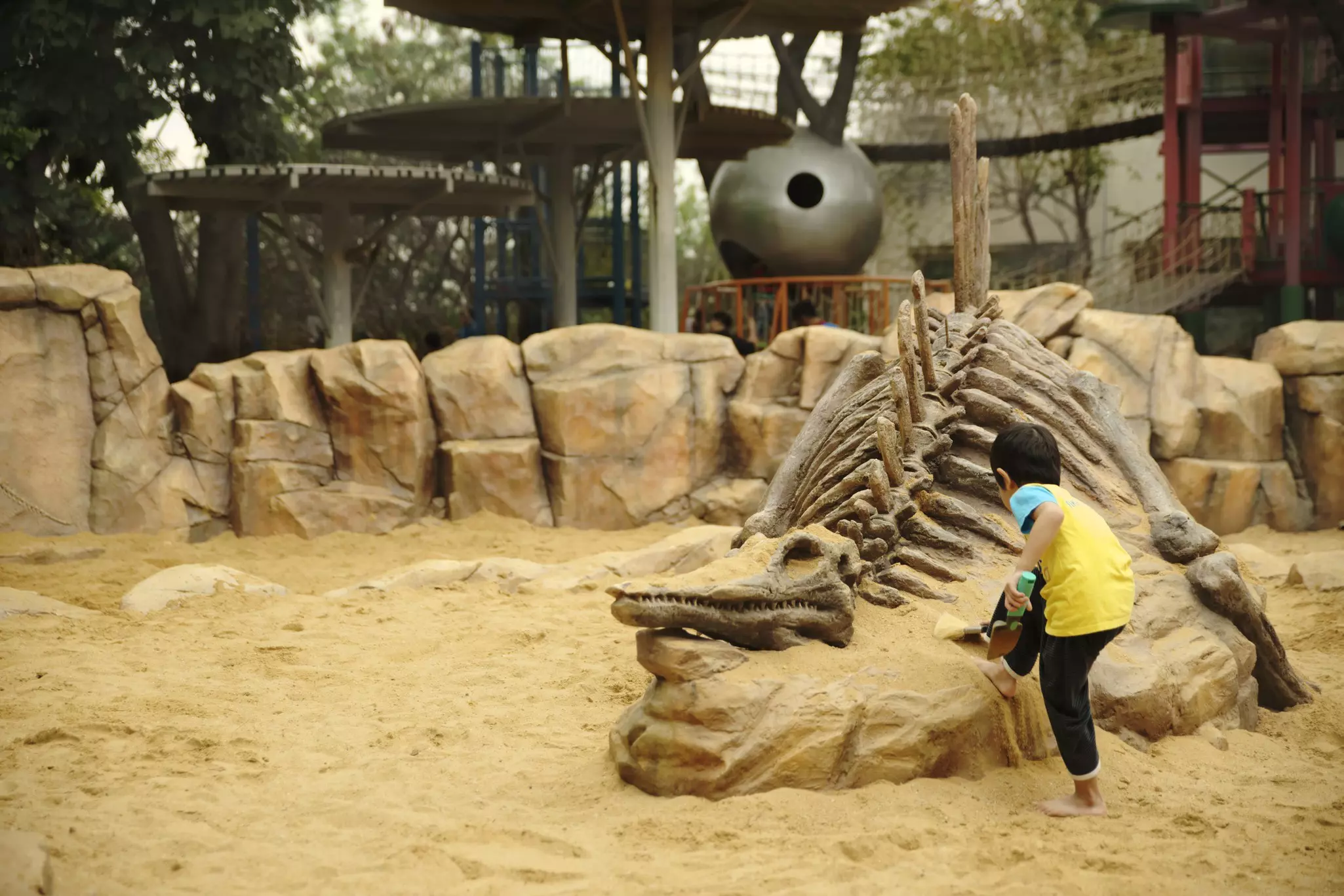 Boy digging at sand around a dinosaur skeleton